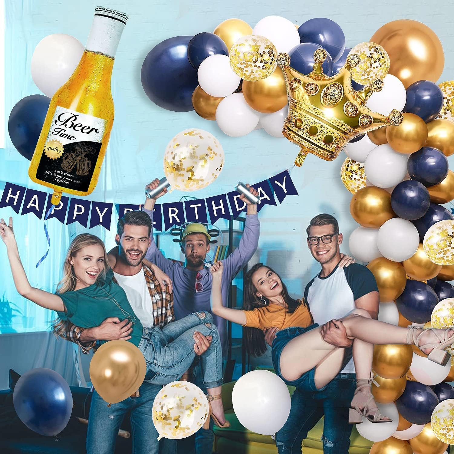 Navy Blue Gold Birthday Party Decorations for Men Women Boys Girls with HAPPY BIRTHDAY Banner, Crown Balloons,Corona Foil Balloons ,Balloon Garland Kit image number 5
