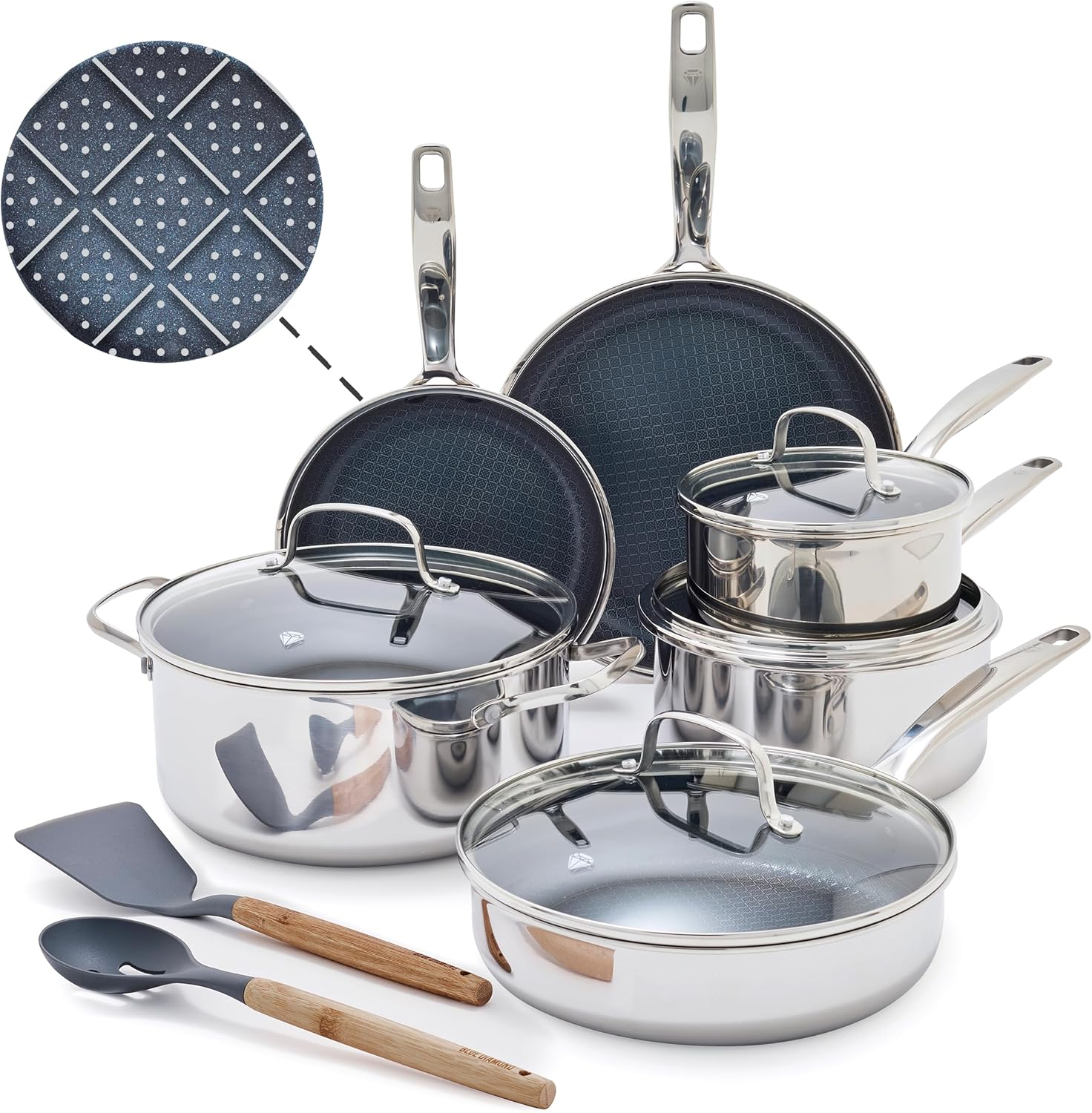 Blue Diamond Hybrid Nonstick Stainless Steel 12 Piece Cookware Set, Tri-Ply Pfas-Free Ceramic Diamond Bond Pots & Pans, Dishwasher & Oven Safe to 850F, Induction Ready, Metal Utensil Safe, Silver image number 2