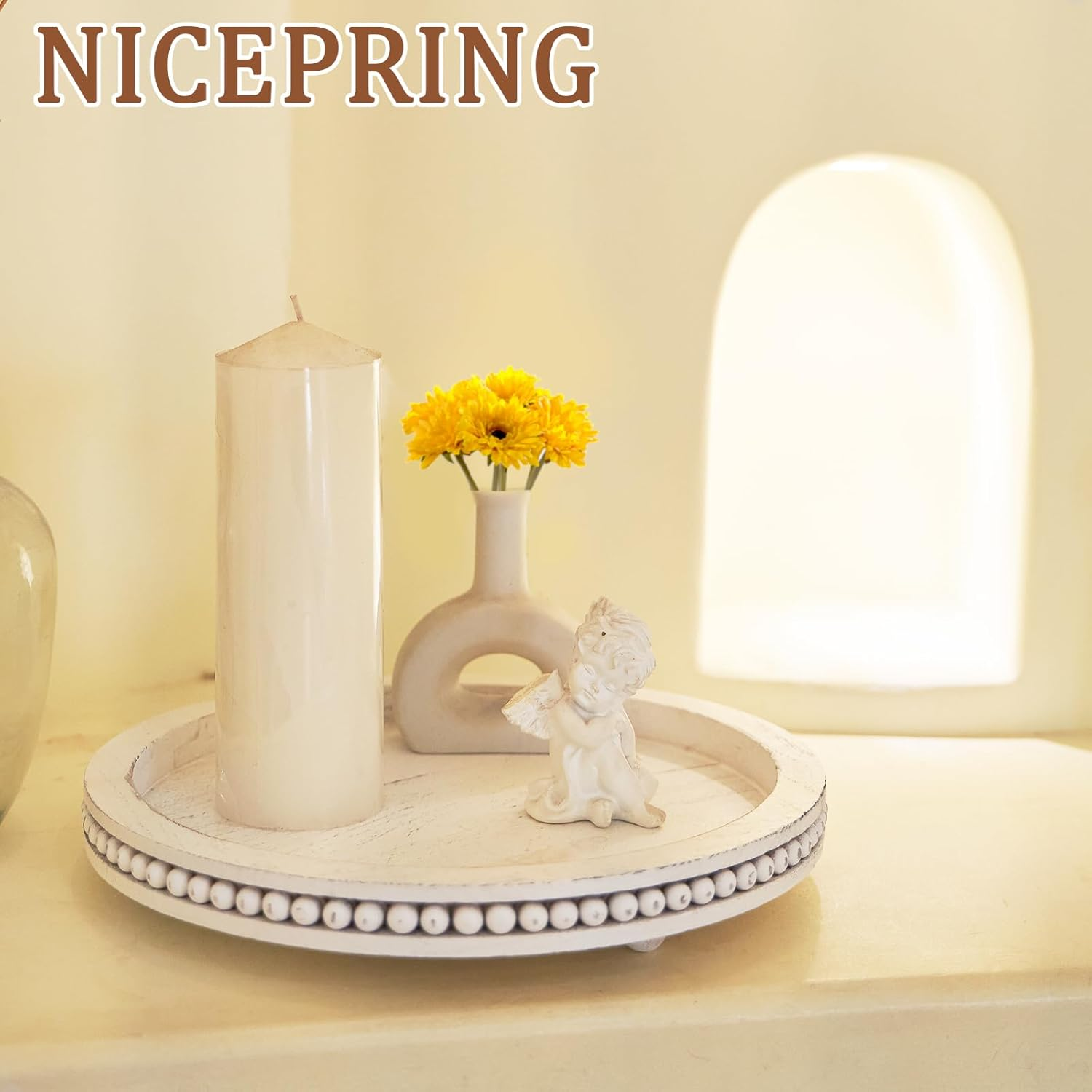 Tray Decor 12" Beaded round Decorative Trays - Rustic Farmhouse Home Decor for Coffee Table Centerpiece, Living Room, Kitchen, Bedroom - White Wood image number 6