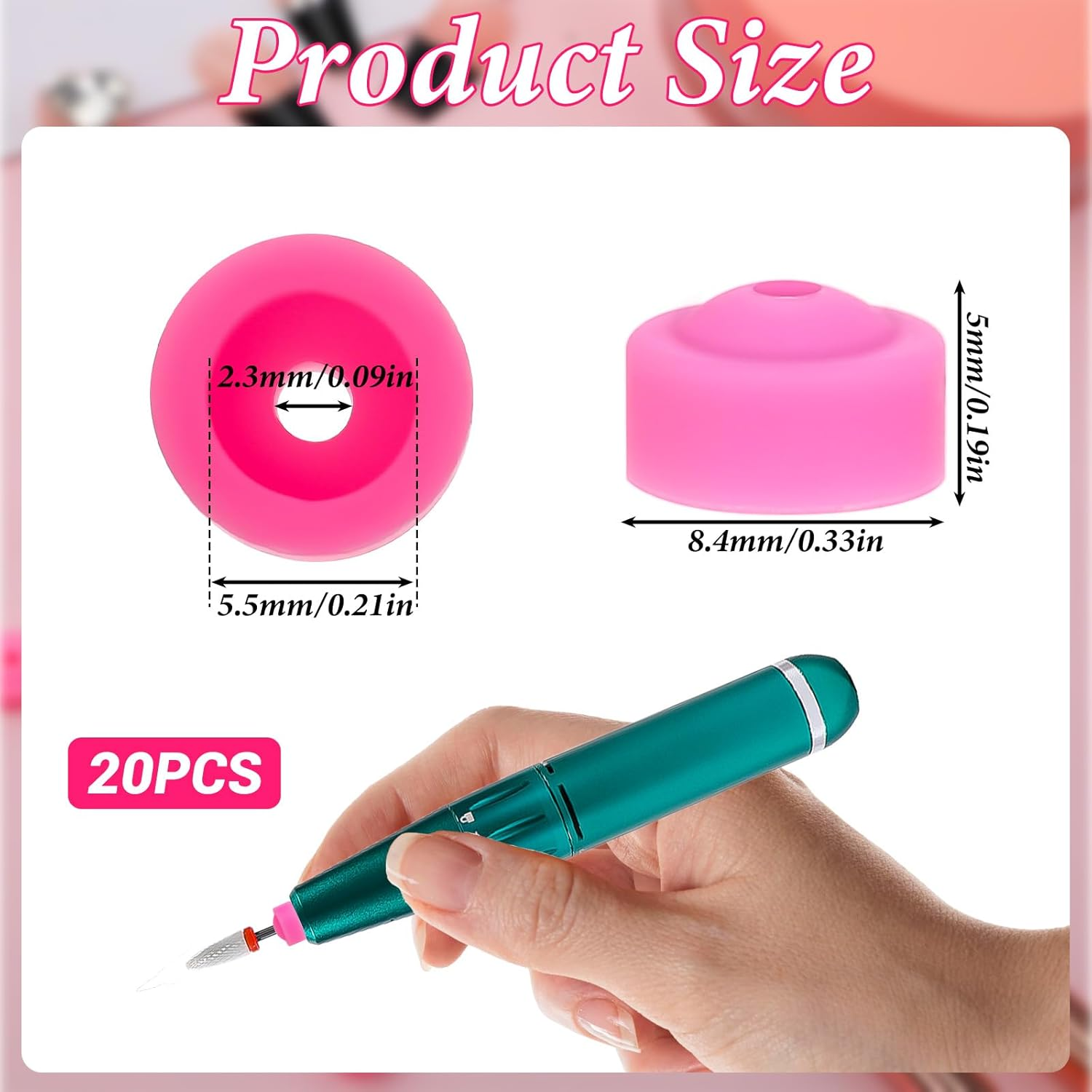 20 PCS Drill Nail Dust Collector Pink Dustproof Protector Caps Nail Art Tools Drill Dust Collector Nail Filer Plastic Cap Nail Art Tools Silicone Dust Stopper for Nail Drill image number 2