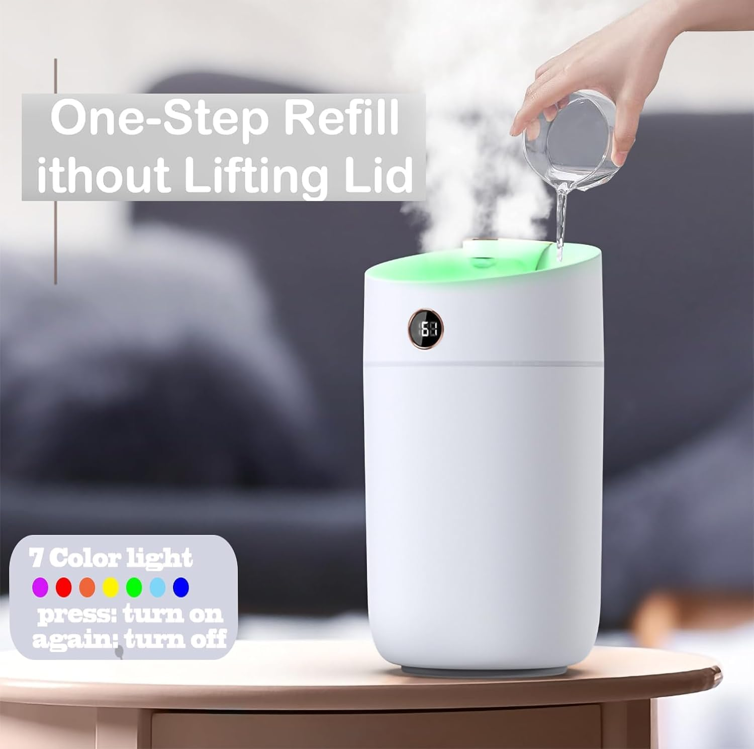 Humidifier for Bedroom Large Room, 3L Cool Mist Humidifiers Air Humidifier with Humidity Monitoring Top Fill, Quiet Operation, 7 Color Night Light Function, Auto Shut-Off, Double Nozzle, White image number 1