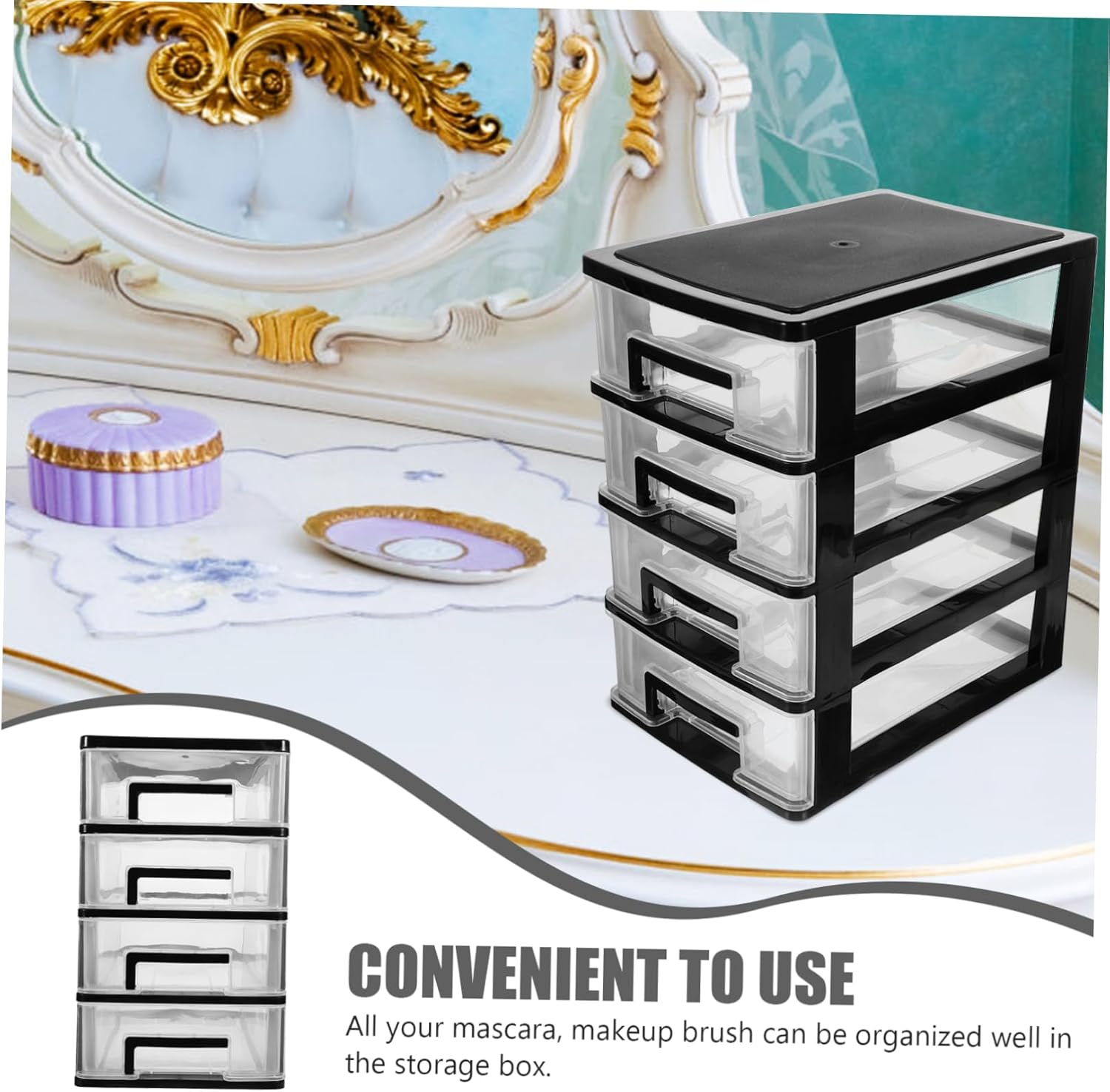 Beavorty 4-Layer Desktop Drawer Storage Box, Plastic Sundries Holder and Cosmetics Organizer for Makeup Tools, Compact Mini Storage for Bathroom, Bedroom, and Office Use (Black image number 2