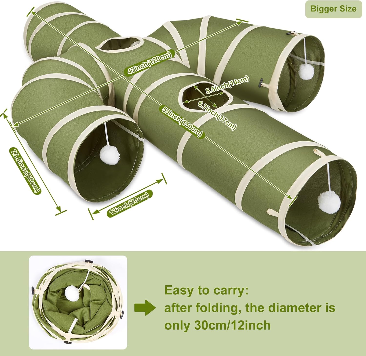 Ownpets Cat Tunnel Large 30Cm Diameter, Cactus-Shaped Cat Tunnel Toy, Sturdy Oxford Fabric Collapsible Cat Tunnels for Indoor Cats, Interactive Peek Hole Pet Tunnel Tube with Cat Wand Toy, Green image number 3