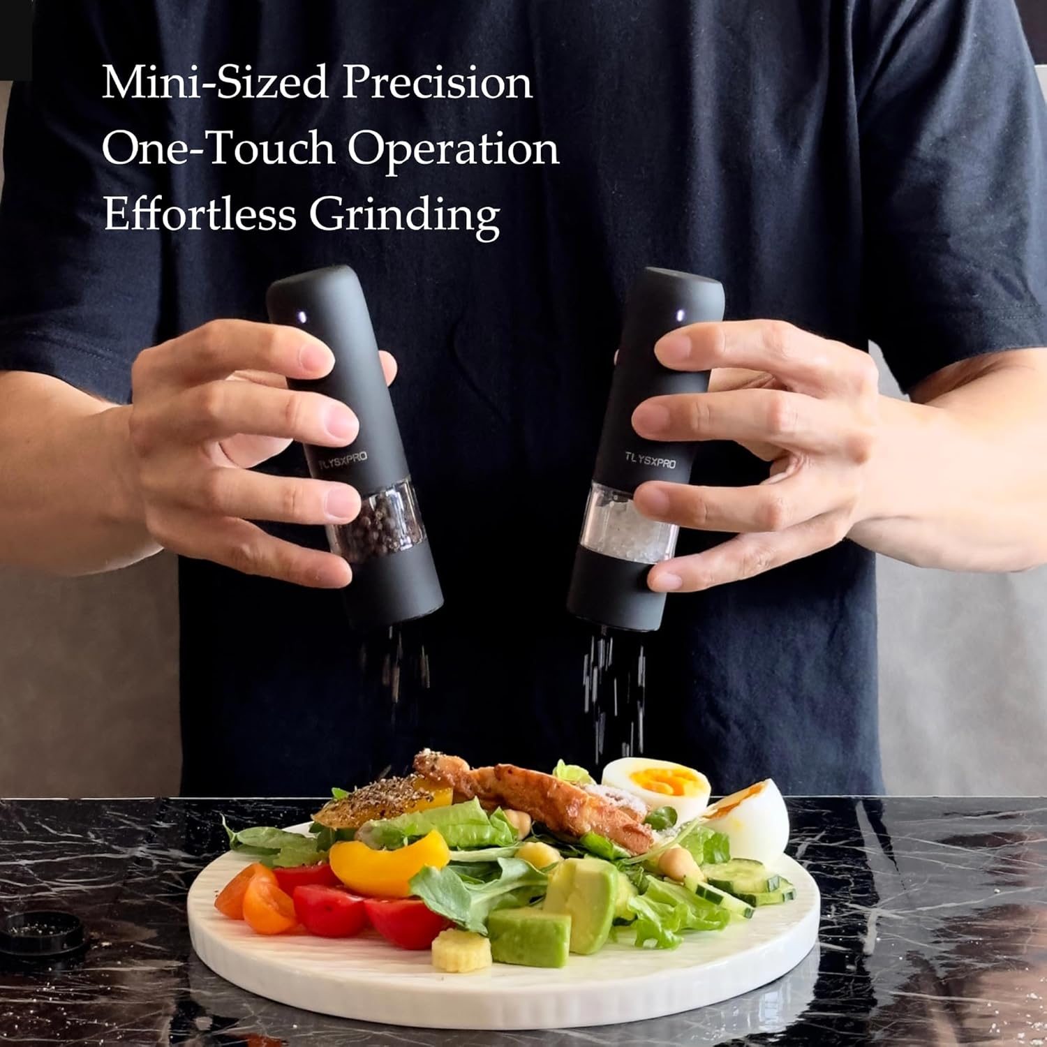 Small Electric Salt and Pepper Grinder Set, USB Rechargeable, Automatic Pepper Mill Grinder with Adjustable Coarseness, Electric Salt Shakers, One Hand Operation for Kitchen (2 Packs, Black) - Black image number 6