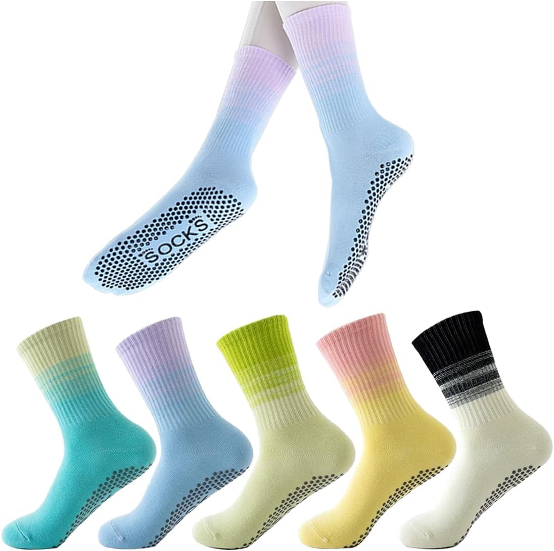 5 Pairs Grip Pilates Socks for Women, Non Slip Yoga Athletic Long Crew Socks for Barre Ballet Gym Workout