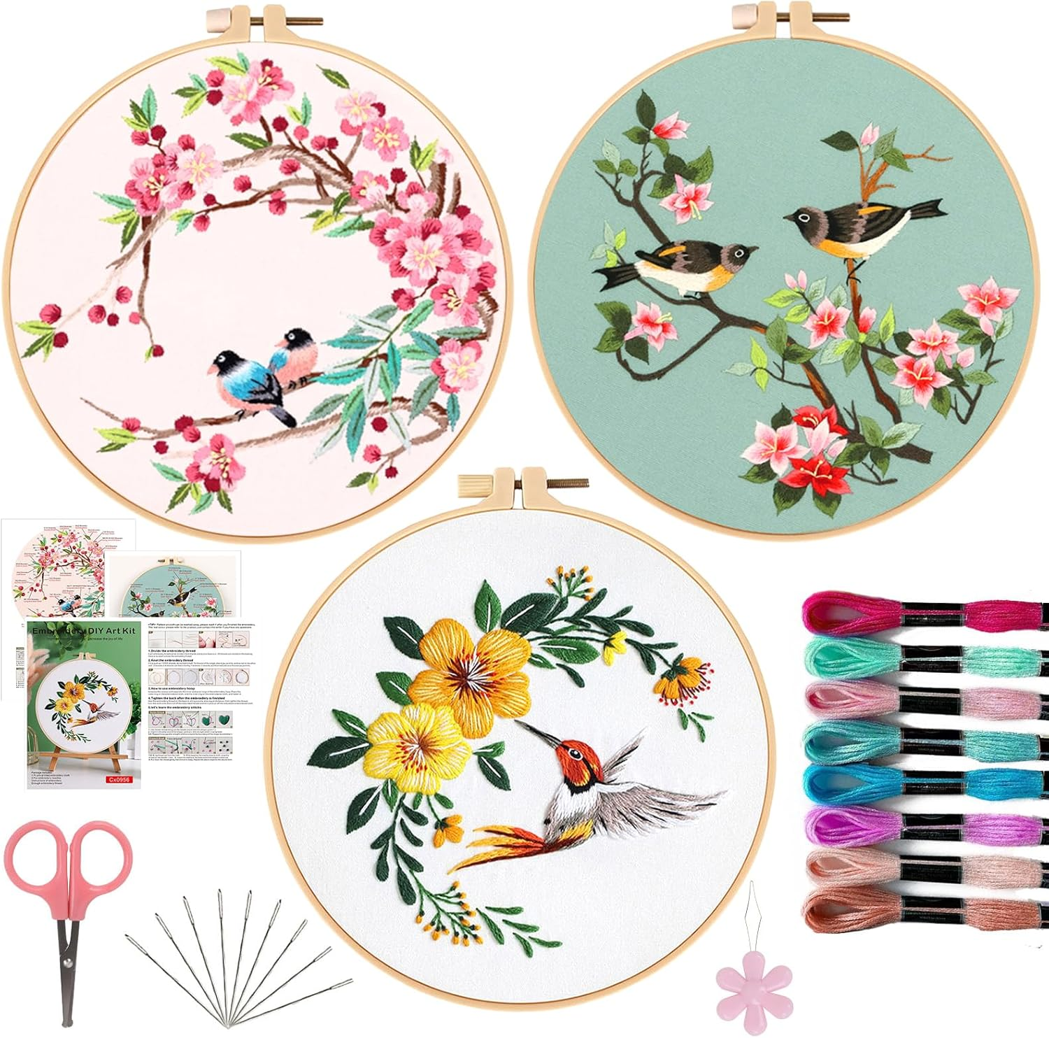 Offizon 3 PCS Embroidery Kit for Beginners - Floral Embroidery Accessories & Hoop Included, Hand Embroidery Kit for Adults Stitching Sewing Kit Gift | Flowera Patterns