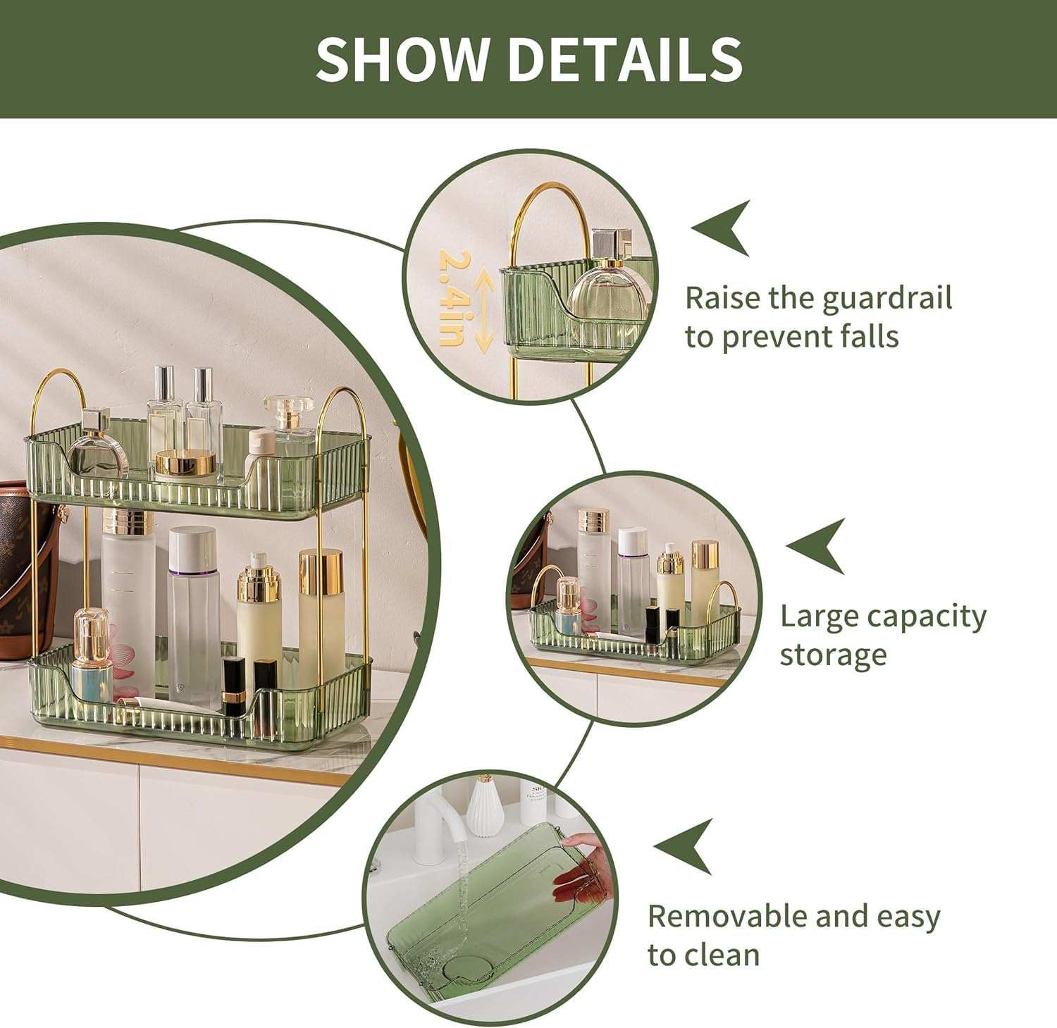 Ycia&Done 2-Tier Bathroom Organizer Countertop - Vintage Green Makeup Storage Tray for Skincare, Perfume & Vanity Counter (Large Capacity) image number 3