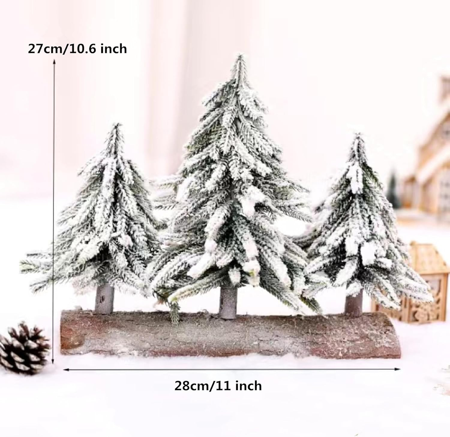 Alfyng Mini Tabletop Christmas Tree, 3 Pcs Connected Artificial Snow Frost Flocked Xmas Tree, 10.6Inch Miniature Pine Desktop Christmas Xmas Tree with Wooden Base for Dining Table Home Christmas D&eacute;cor image number 1