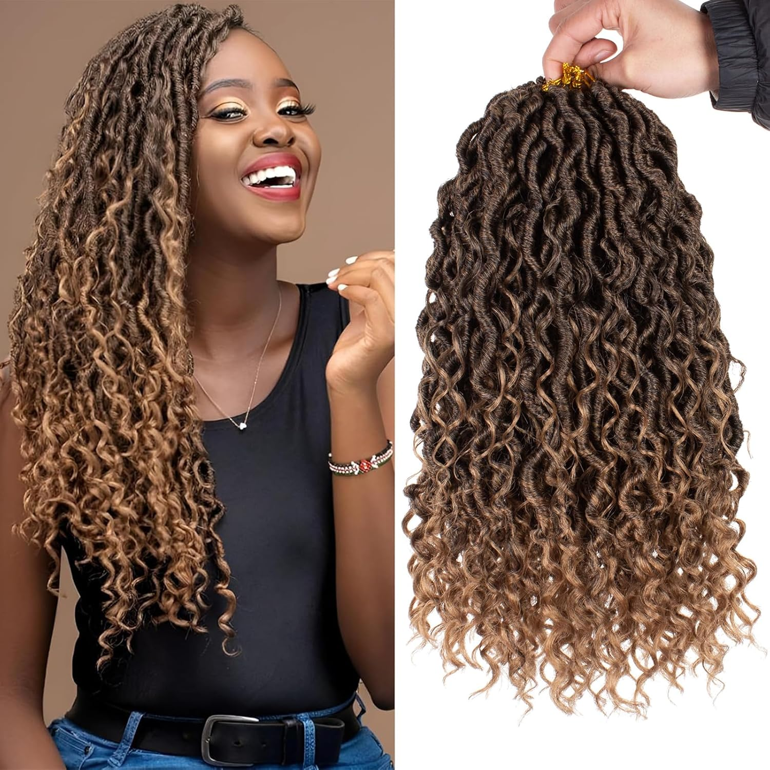 Mscat 14 Inch 8 Packs Ombre River Goddess Faux Locs Crochet Hair Wavy with Curly Ends Pre-Looped River Locs Synthetic Crochet Braiding Bohemian Faux Locs Hair Extensions (14 Strands/Pack T27#) image number 2