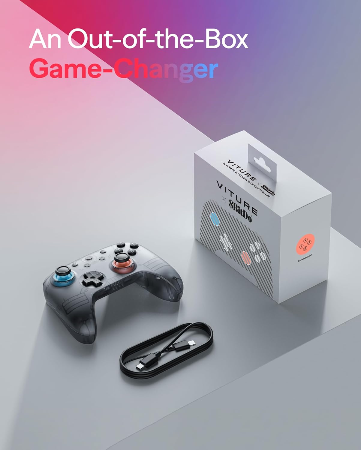 VITURE &times; 8Bitdo Ultimate 2C Bluetooth Gaming Controller for Switch & Switch 2 | 6-Axis Motion Control | Hall Effect Joysticks | Rumble Vibration | Turbo Function | Wake on Shake | Smoky Translucent image number 5
