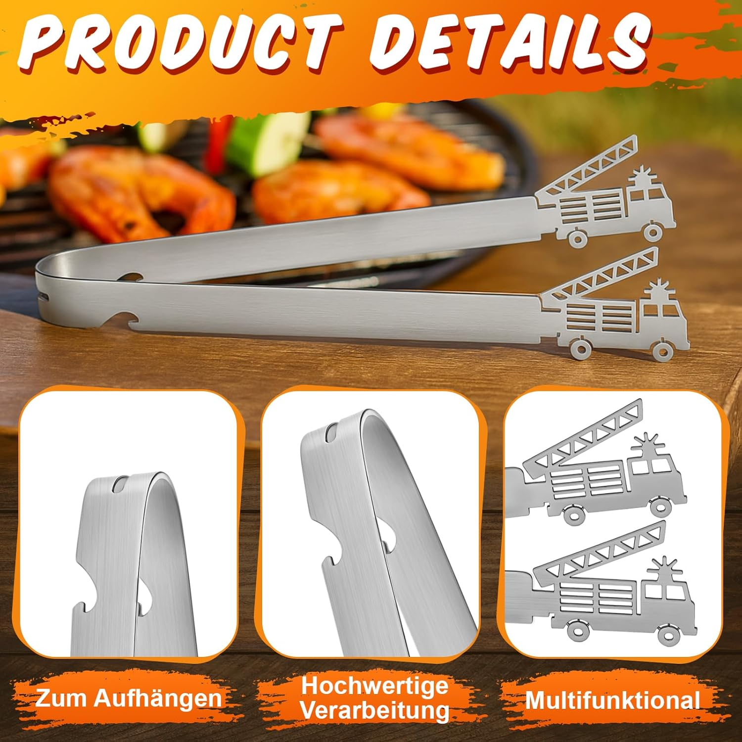 Geiserailie Barbecue Tongs Motif Fire Brigade Gifts Christmas Men'S Gift Personalised Stainless Steel Barbecue Tongs for Fireman Firefighter, Dishwasher Safe, Silver image number 3