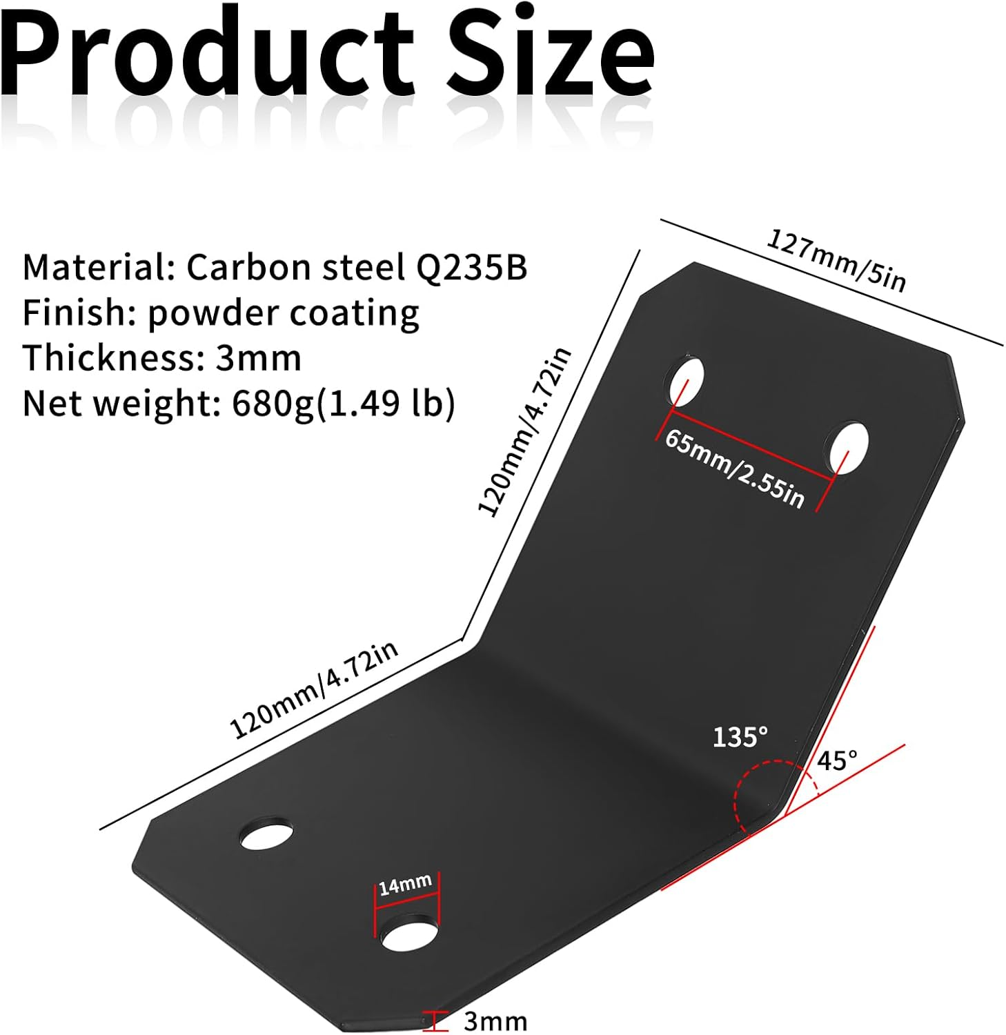 Pack of 2 Angle Connectors 135 Degrees Mounting Angle 135&deg; Angled Flush Inner 45 Degree Angle Connector for Blunt Connected Posts and Beams - 120 X 120 X 127 X 3 Mm, Black image number 2