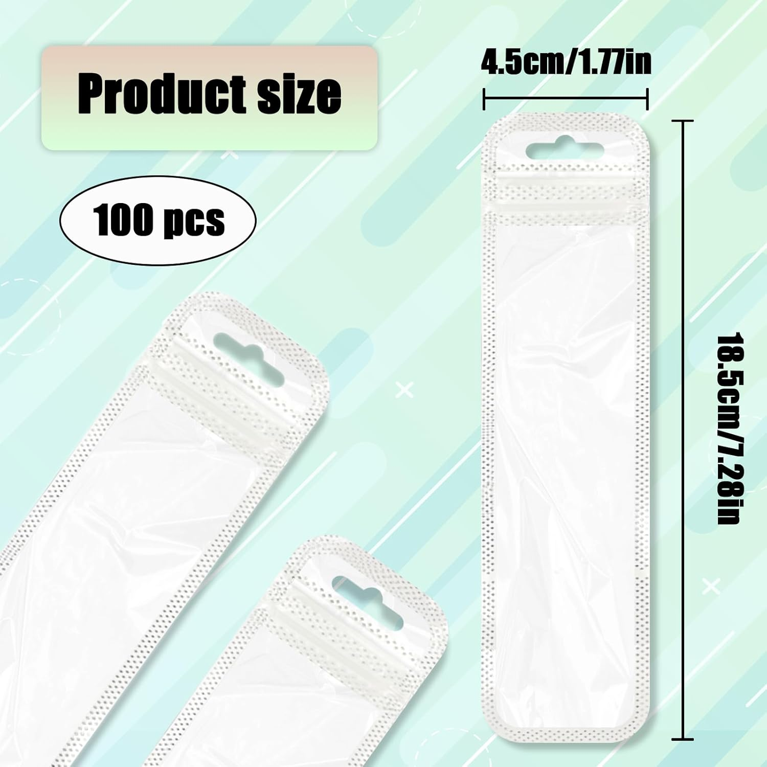 TEAONE Pen Packaging Bags, 100PCS Holographic Ziplock Packaging Bag for Packaging Lipgloss, Jewelry, Candy, Makeup Brush (4.5 X 18.5Cm) image number 2