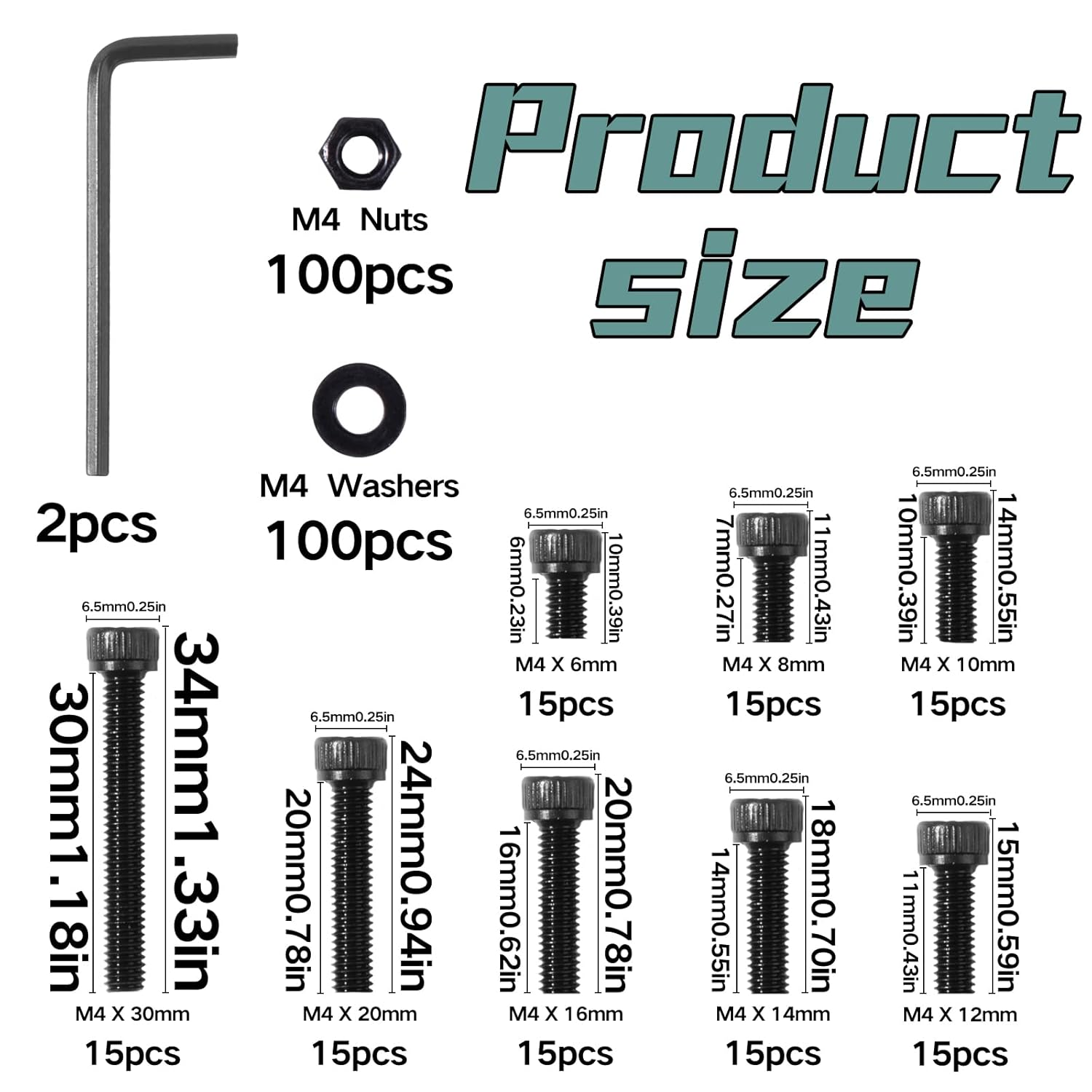 Zmbroll M4 Hex Head Socket Screws,320Pcs Hex Socket Head Cap Metric Machine Bolts,12.9 Grade Alloy Steel Screws,Hexagon Nuts Washers with Hex Wrenches, Black Oxide Finish image number 2