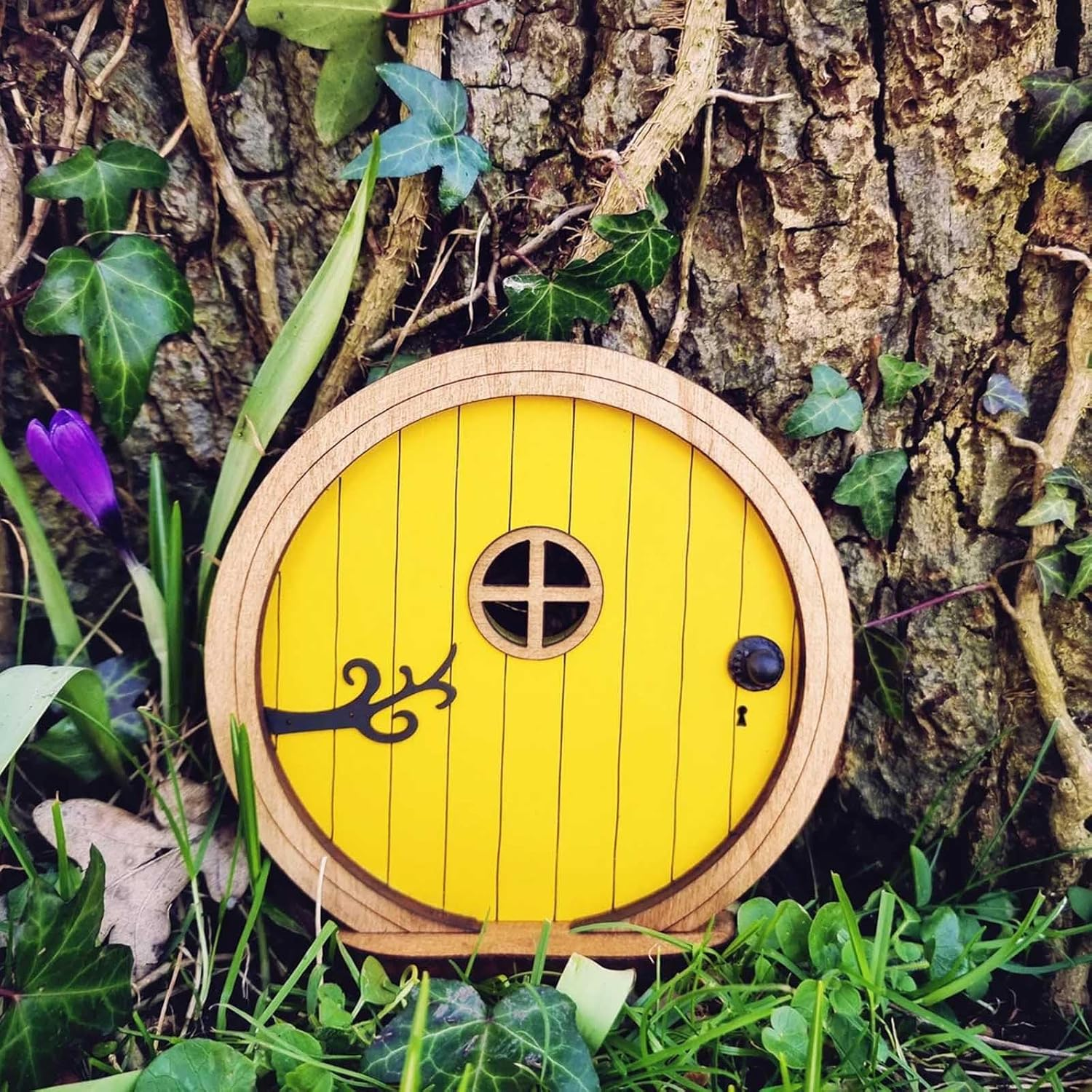 Enchanted Fairy Door for Gardens - Whimsical Miniature Elf Door Hand-Painted Outdoor Decor for Tree Trunks & Walls - Magical Fairy Tale Courtyard Accessories (Yellow) - Yellow image number 4