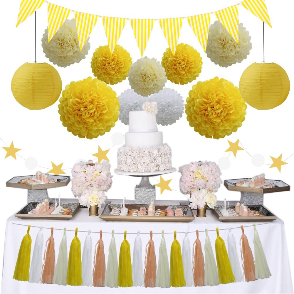 (Yellow) - 33Pcs Party Decoration Supplies Set, Yellow Tissue Paper Pom Poms Flowers Paper Lanterns Tassels Hanging Garland Banner Triangle Flag Bunting for Birthday, Bridal, Baby Shower, Wedding Graduation image number 6