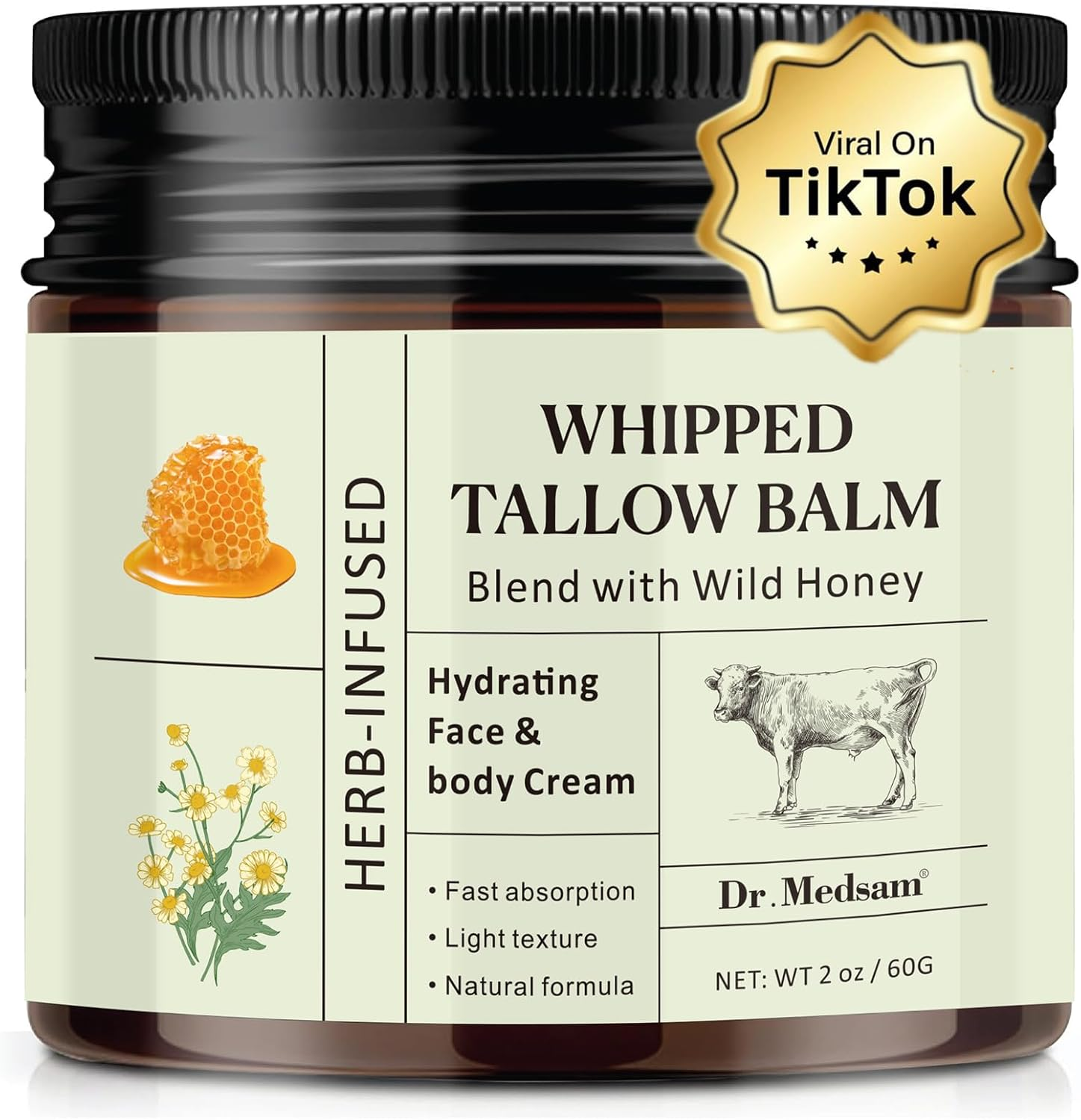 Beef Tallow Moisturiser, Tallow and Honey Balm, Grass-Fed Beef Tallow for Skin, Hydrating Beef Tallow Balm for Face Body, Skincare Cream with Olive Oil, Fast Absorption image number 6