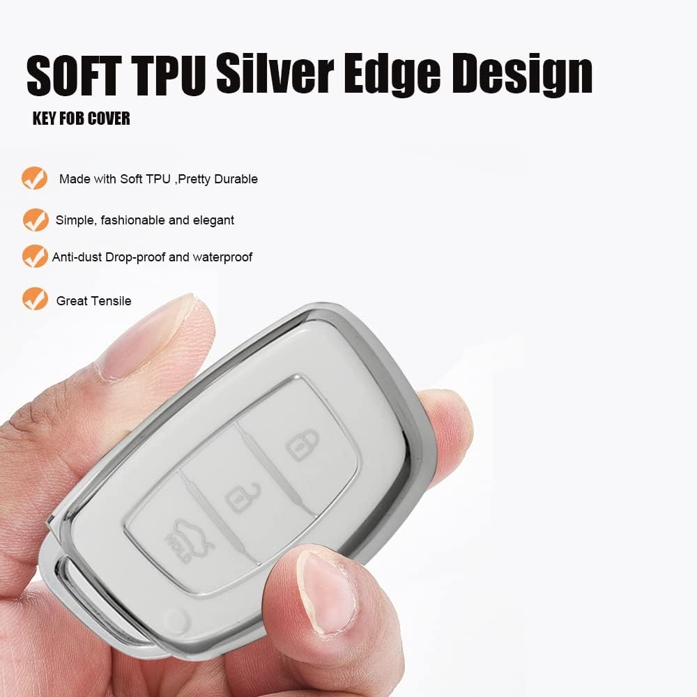 HIBEYO Key Fob Cover for Hyundai Tucson Sonata Fe Creta Mistra Elantra Ioniq Venue IX35 I10 I20 I30 I40 Solaris Kona Accent 2018-2022 Car Accessories TPU Silver-Edge with Leather Keychains-Whtie image number 1