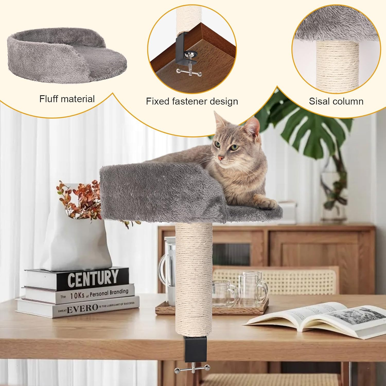 Cat Desk Bed with Scratching Pillar Plush Soft Padding Allow Your Lovely Cat Study and Work with You up to 9 Lb Load image number 5