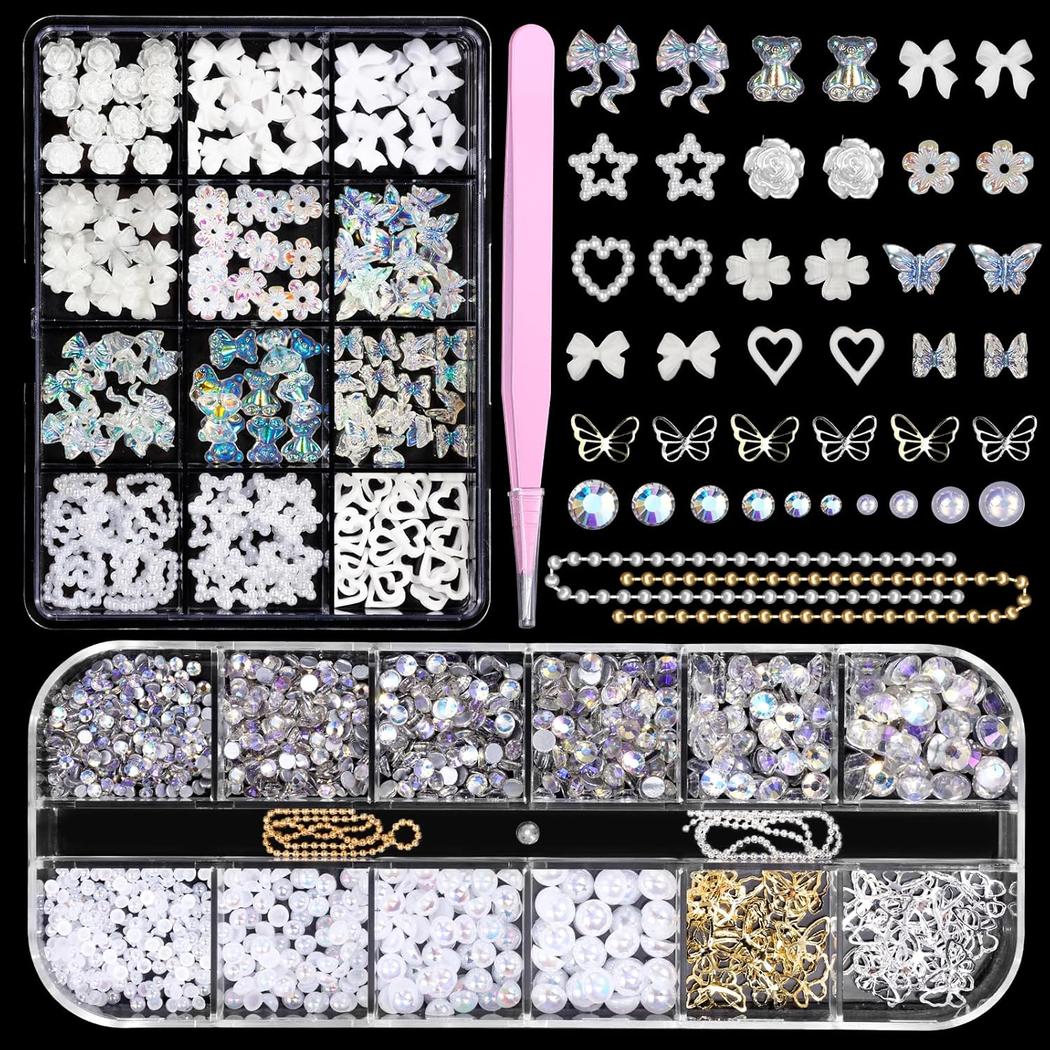 Flatback White Nail Charms Set, Assorted Bow Heart Flowers Acrylic Nail Art Charms, AB Rhinestones Nail Gems, round Pearls Nail Charms, Silver Gold Butterfly Nail Charms Gems for Nail Art DIY image number 2