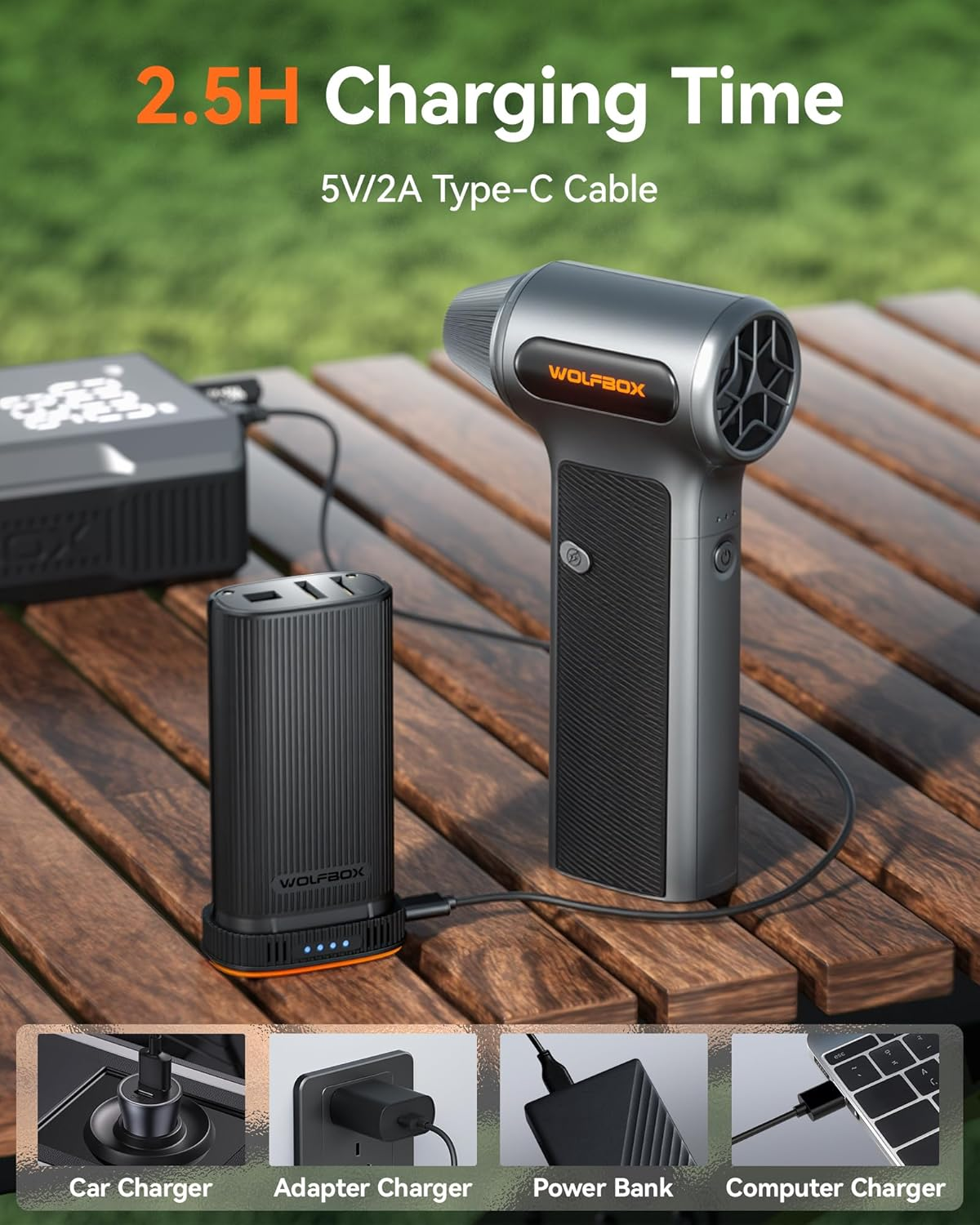 WOLFBOX MF200 Electric Air Duster with Removable Battery, Super Power Cordless Blower - 3-Speed Adjustable, Long Life Mini Air Duster with 4 Nozzles for Computer Keyboard, Car Cleaning, Outdoor Use image number 4