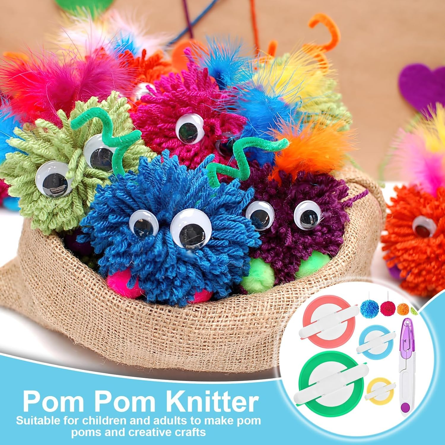 DIY Pompom Maker Kit, 4 Different Sizes Weaver Needle Craft Knitting Wool Plastic Tool Kit with Sewing Scissors, 4 Pcs Pom Pom Makers for DIY Knitting Craft, Pom Pom Knitting image number 2