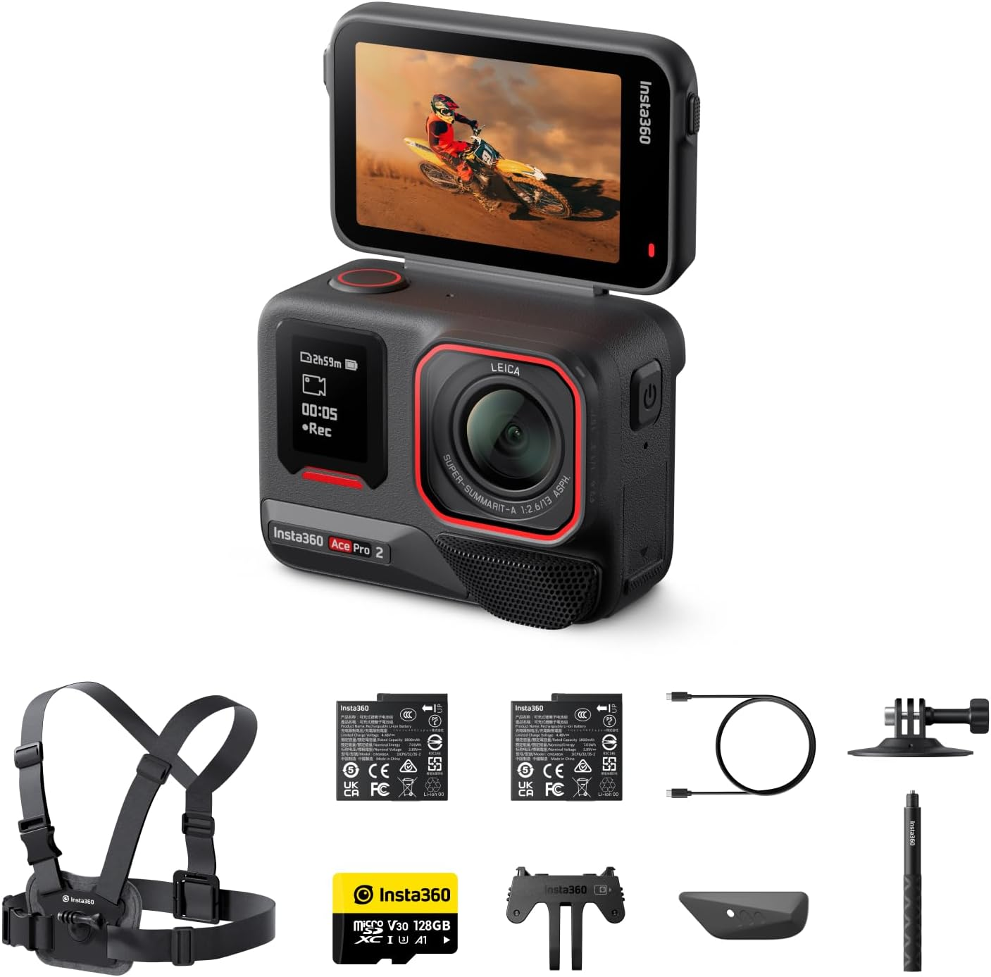 Insta360 Ace Pro 2 Winter Bundle -8K Waterproof Action Camera Co-Engineered with Leica, 1/1.3" Sensor, Dual AI Chip, Leading Low Light, Superior Audio, Flip Screen & AI Editing for Vlogs, Motorcycling image number 3