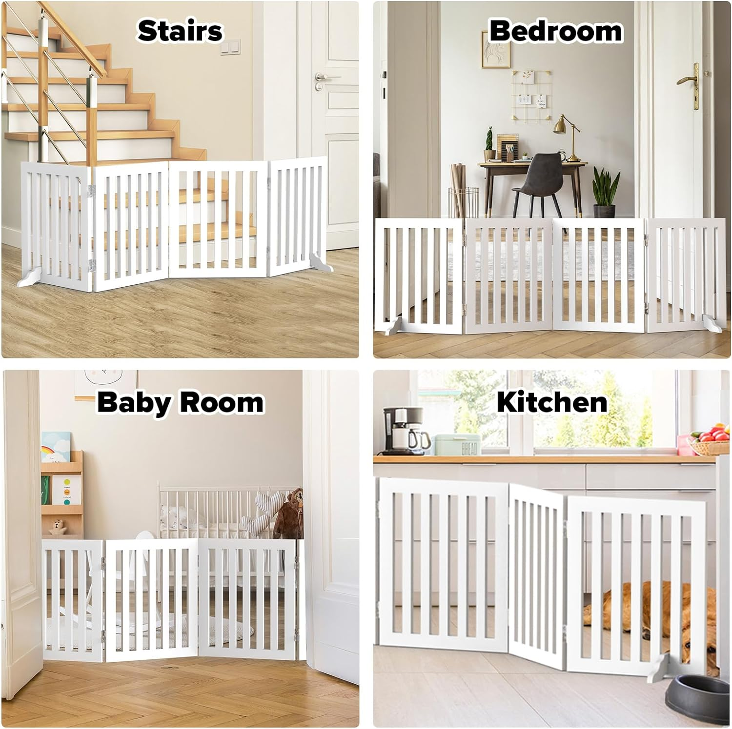 Advwin Wooden Pet Gate,4-Panel Dog Fence Freestanding Pet Barrier Safety Gate,Foldable Dog Gate Doorway for Indoor Outdoor 203X91Cm