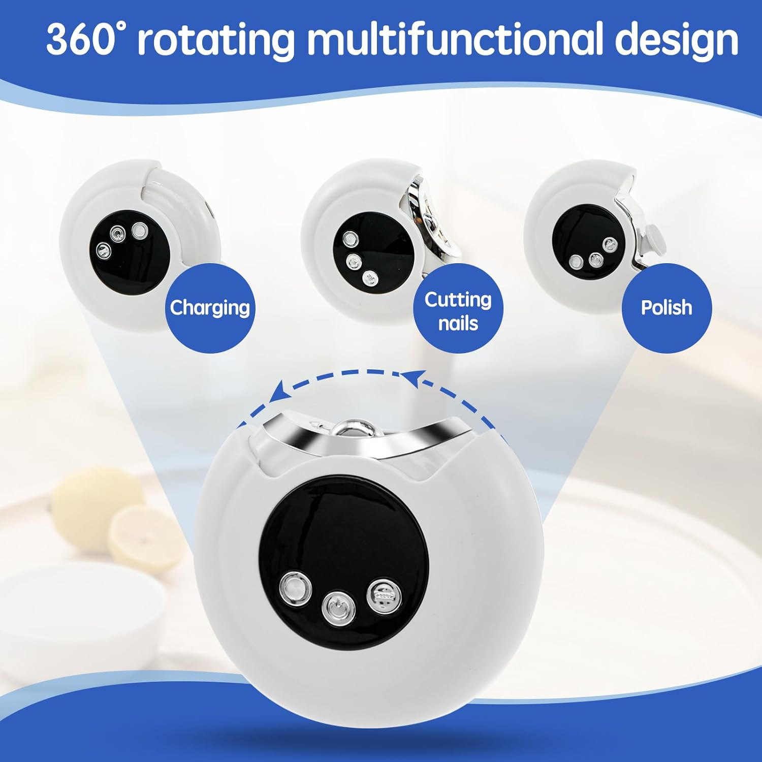 Electric Nail Clippers 3 in 1 USB Rechargeable Auto Nail Clipper 360&deg; Rotating Electric Nail Sharpener with LED Light and 2 Adjustable Speeds and Nail Clip Suitable for Adults image number 2