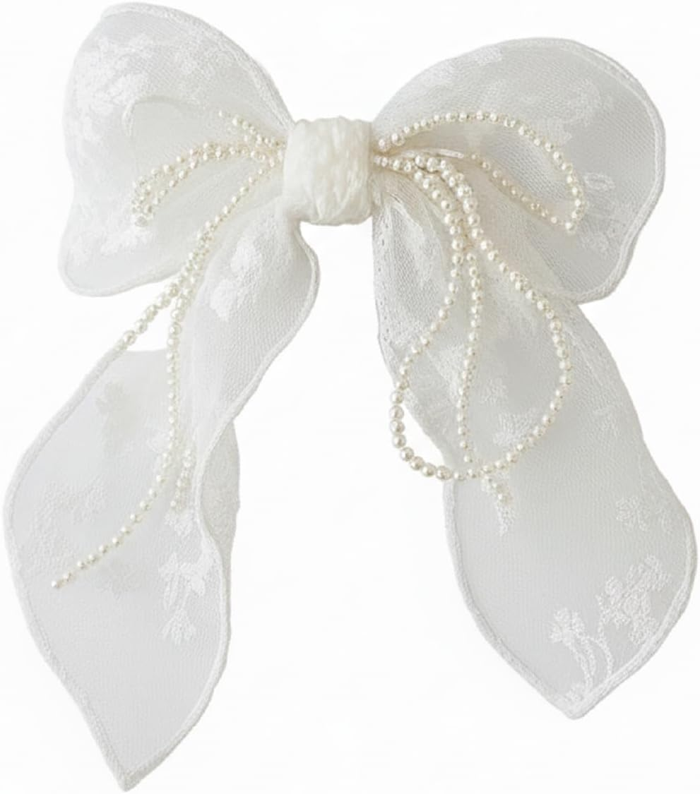 LIVSY Elegant Lace Bow Hair Clip for Women & Girls &ndash; Vintage Black Tie Hair Accessory, Large Barrette with Pearl Ribbon | Stylish Hair Clips, Hair Ties & Claw Clip Alternative - White