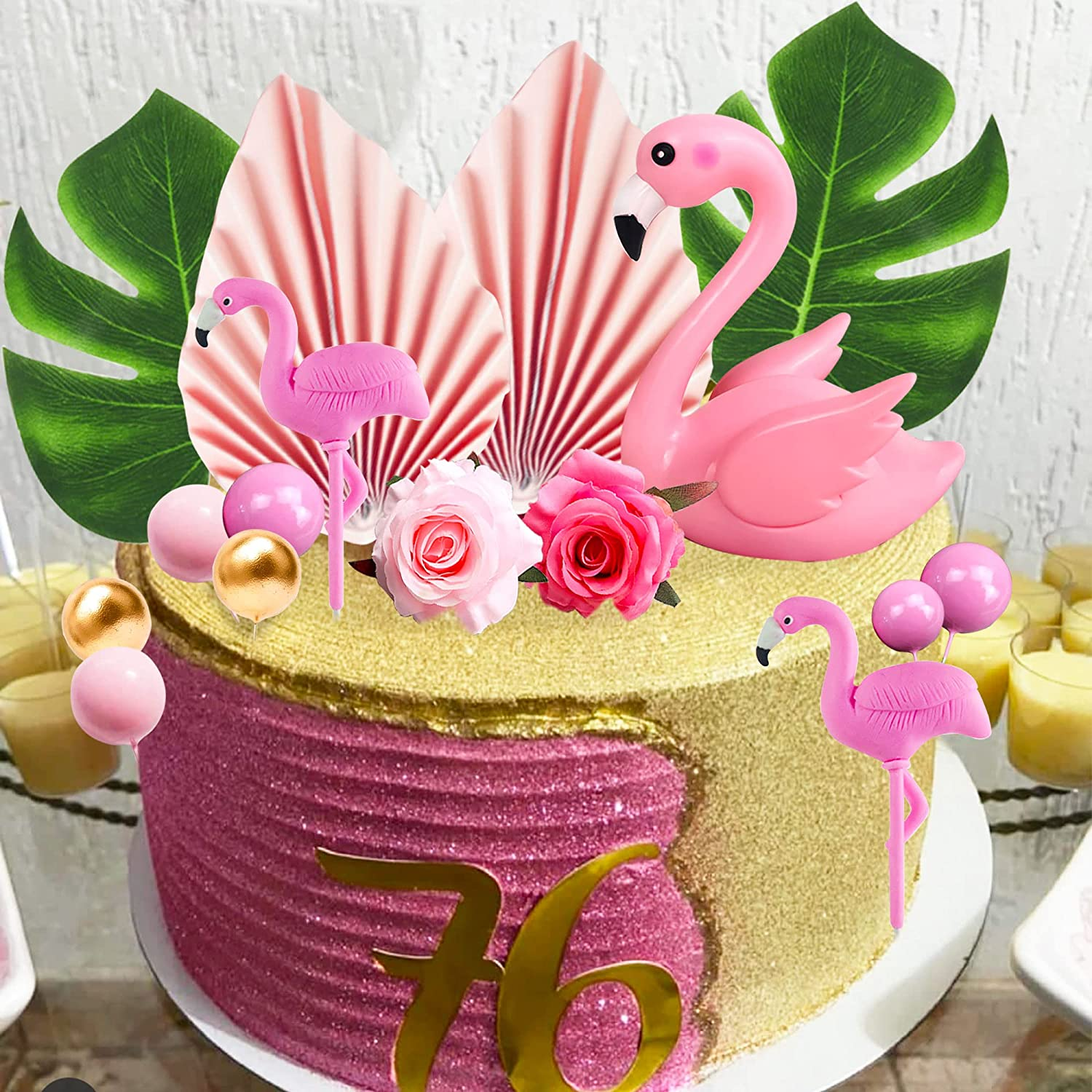 Jevenis Flamingo Cake Decoration Palm Leaves Cake Topper Gold Pink Balls Cake Decoration Rose Cake Topper Flamingo Tropical Party Supplies image number 6