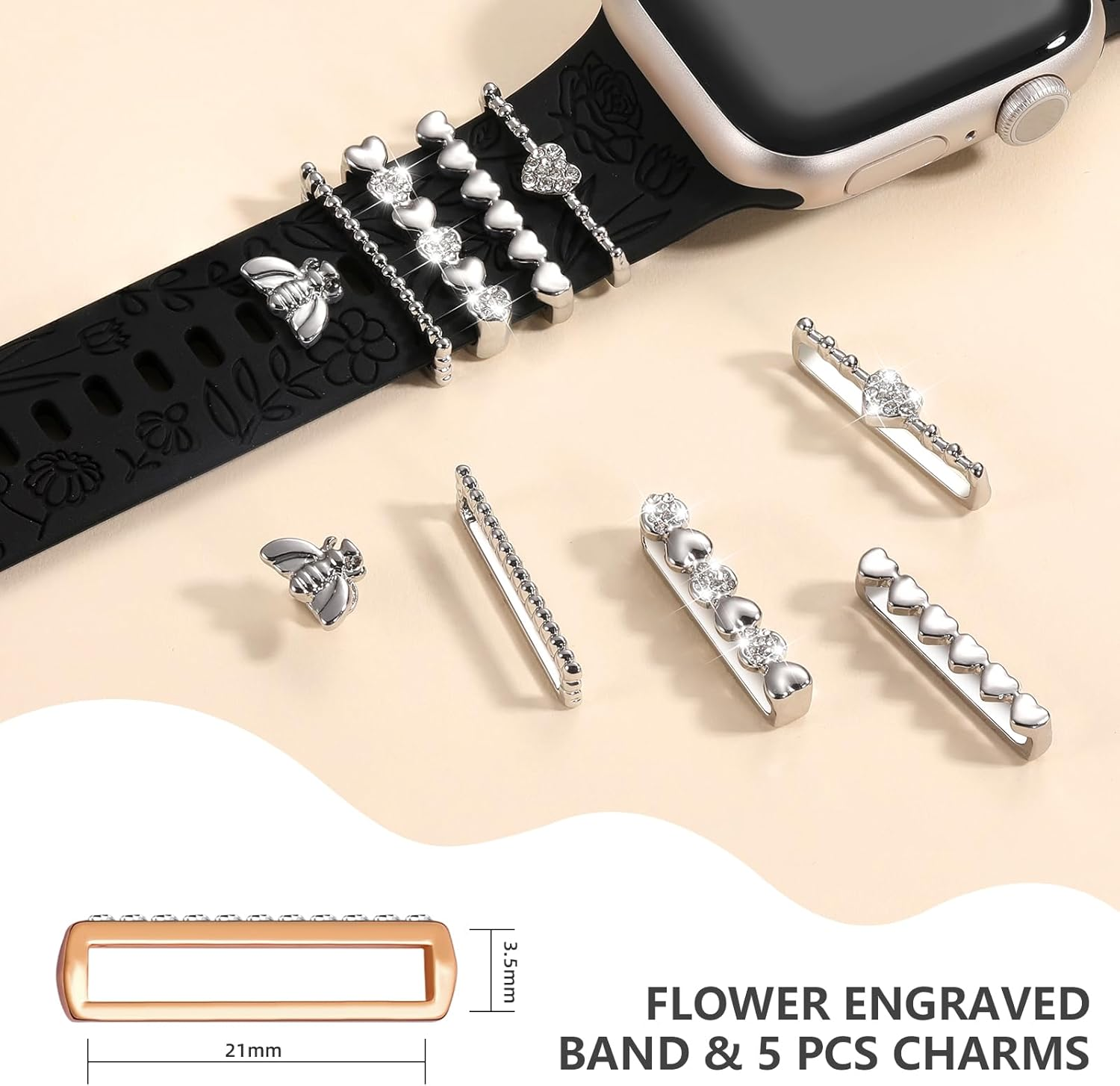 Witzon Flower Engraved Band Compatible with Apple Watch Bands 38Mm 40Mm 41Mm for Women, Soft Silicone Sport Band with Decorative Apple Watch Charms for Iwatch Series 9 8 7 6 5 4 3 2 1 SE (With Band) image number 2