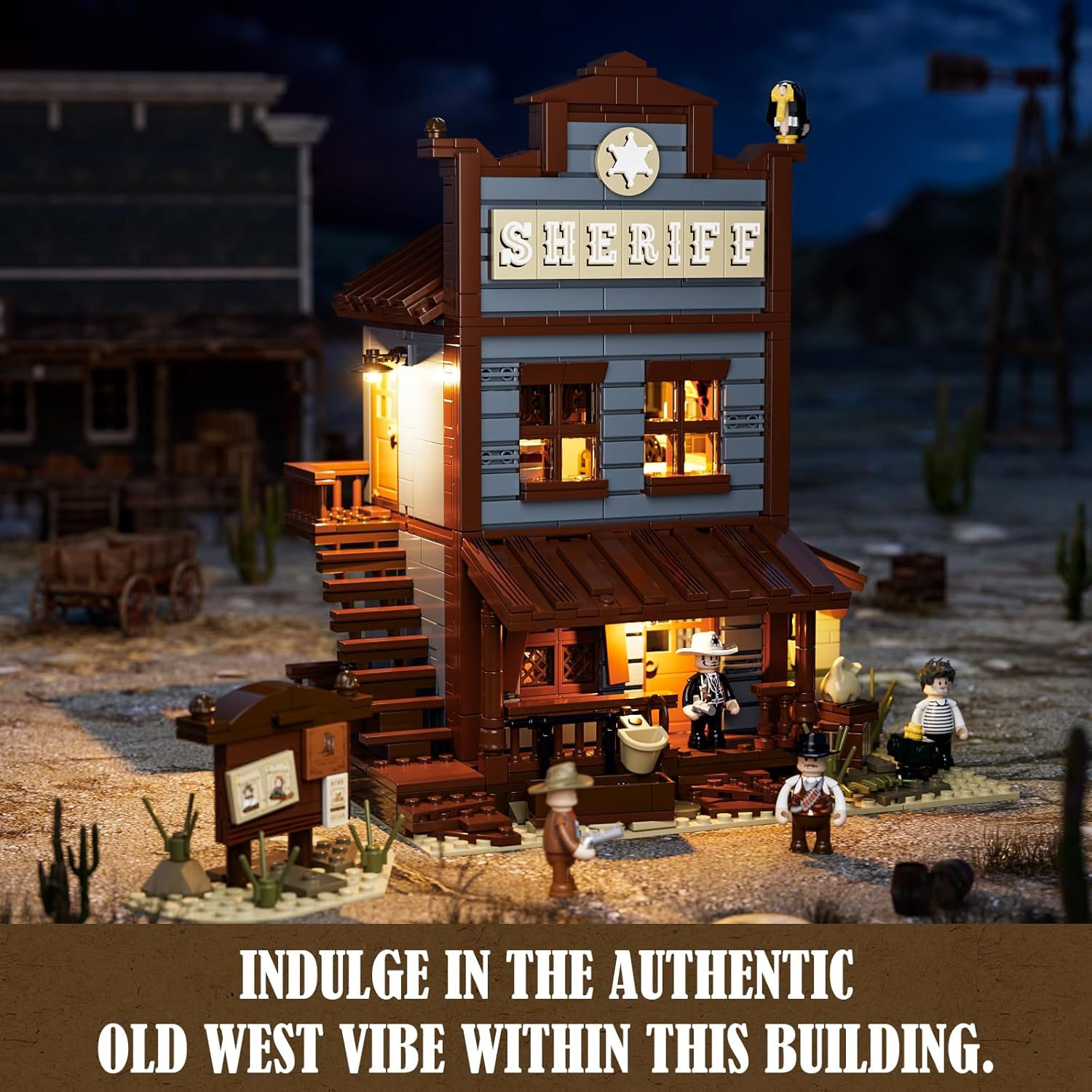 FUNWHOLE Old West Sheriff'S Office Lighting Building Blocks Set - Old West Modular Building Kits 1240 Pieces Cowboy Clamping Building Blocks Wild West Toy for Adults and Teenagers