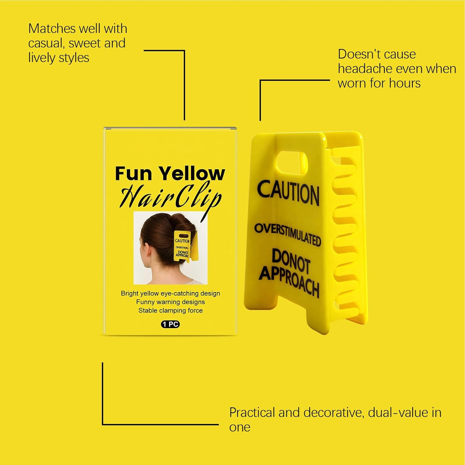 Overstimulated Caution Sign Hair Claw Clip, Donot Approach Anti-Slip Hairs Clips, Yellow Caution Hairclip, Hairstyling Supplies for Women Girls Dance Travel School Masquerade image number 2