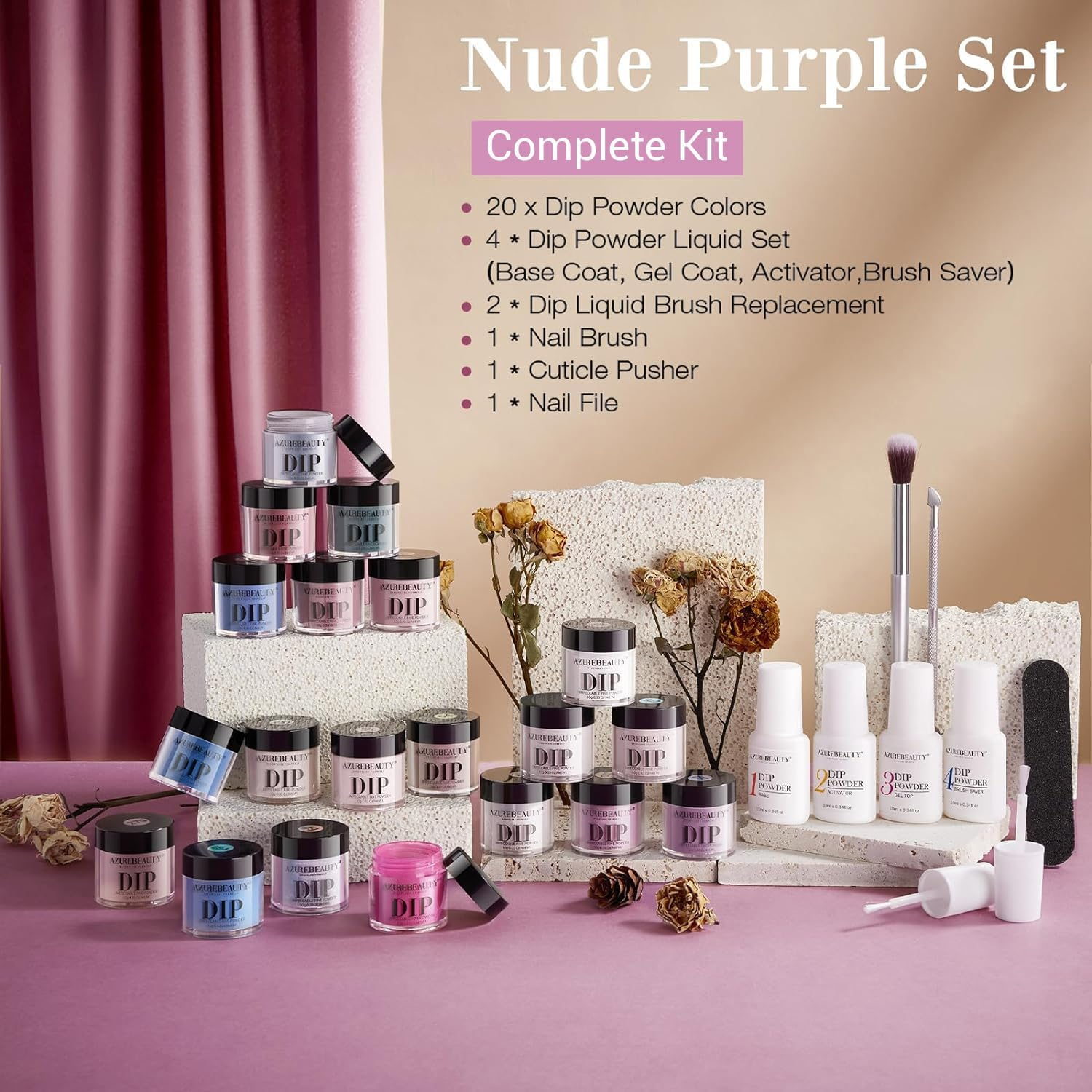 AZUREBEAUTY Dip Powder Nail Kit Starter 20 Colors Nude Brown Glitter Purple Blue Dipping Powder Liquid Set with Top/Base Coat Activator for French Nail Art Manicure DIY Salon Gifts for Women image number 2