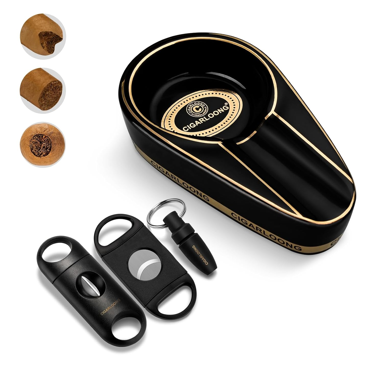 Cigar Ashtray with Cigar Cutter Set Portable, Include Ceramic Ashtray, Enlarge Sharp V-Cut Cutter Punch with Gift Box, Accessories Set for Men(Yellow)