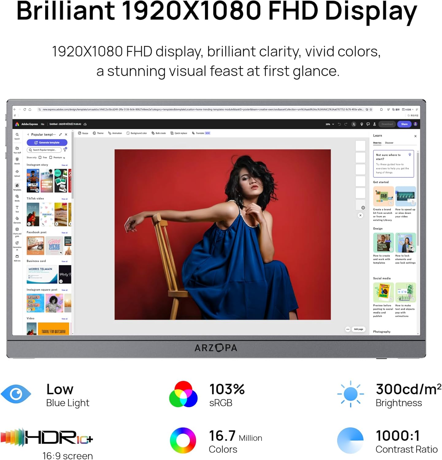 ARZOPA 17.3" Portable Monitor Gray, 1080P FHD 103% Srgb IPS Gaming Monitor Laptop Monitor with Built-In Kickstand HDMI USB C External Screen for PC Mac Phone Xbox PS5 - Z1C Plus image number 1