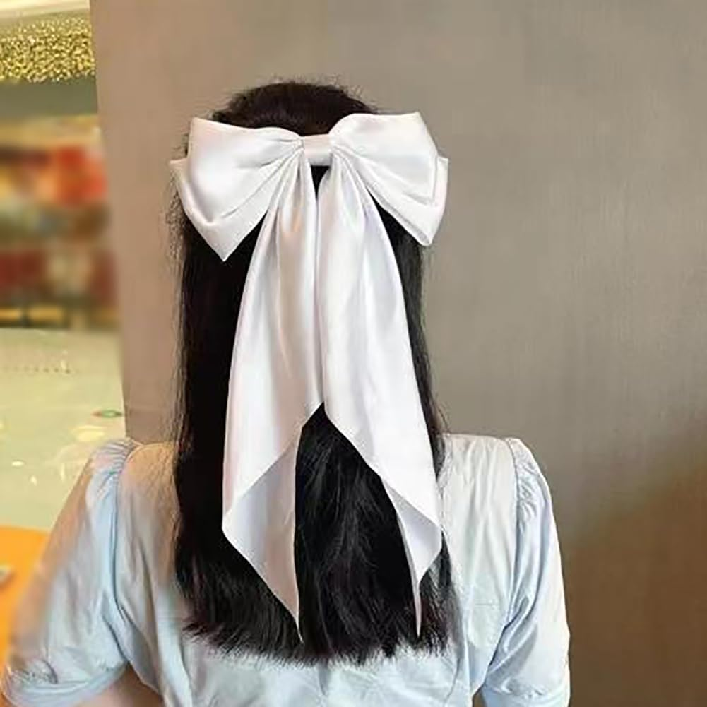 2 Pieces Large Satin Hair Clips with Bow Long Ribbon Hair Bows Hairpins Solid Color Bow Hair Clips Vintage Silky Hair Accessories for Women (White/Green) image number 4