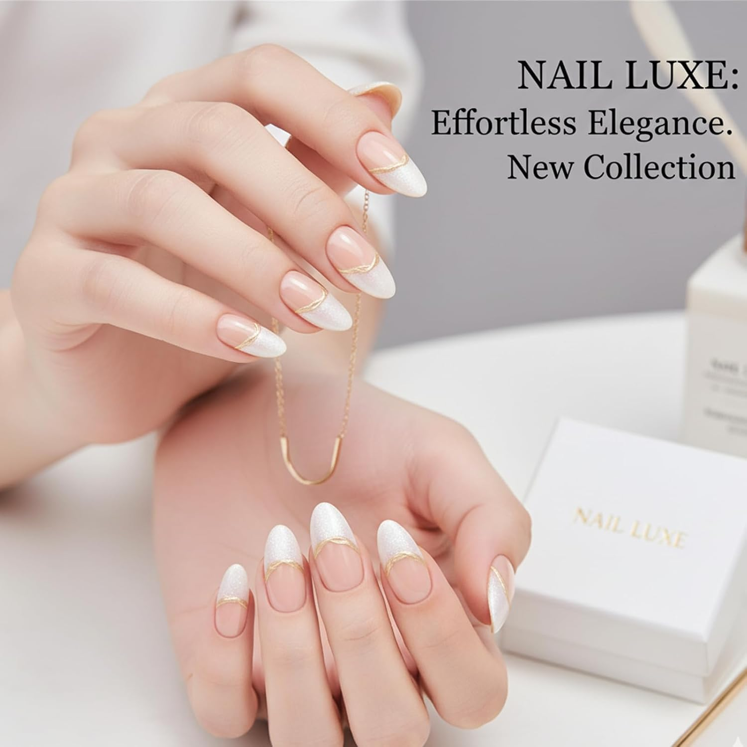 Press on Nails, French Tip with Gold Accents, 30 Piece Set with Jelly Adhesive Tabs, Salon-Quality Fake Nails for Women, Easy Application at Home