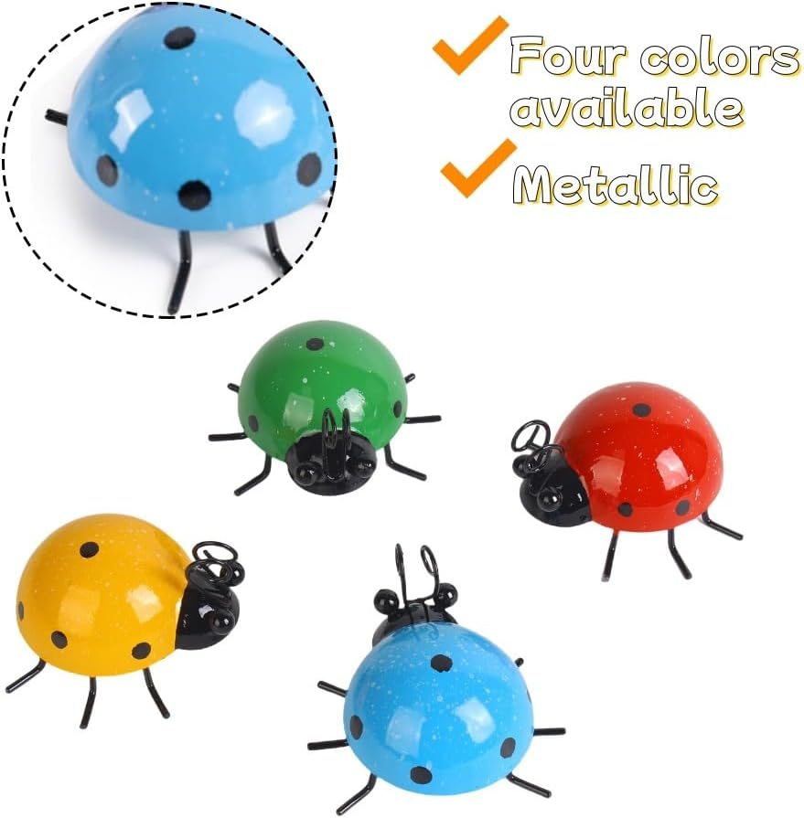 4 Color Metal Ladybugs Garden Decoration, Cute Craft Statue Outdoor Fence Tree Decoration Iron Beetle Wall Hanging Ornament Home Hanging Decorations Ladybugs