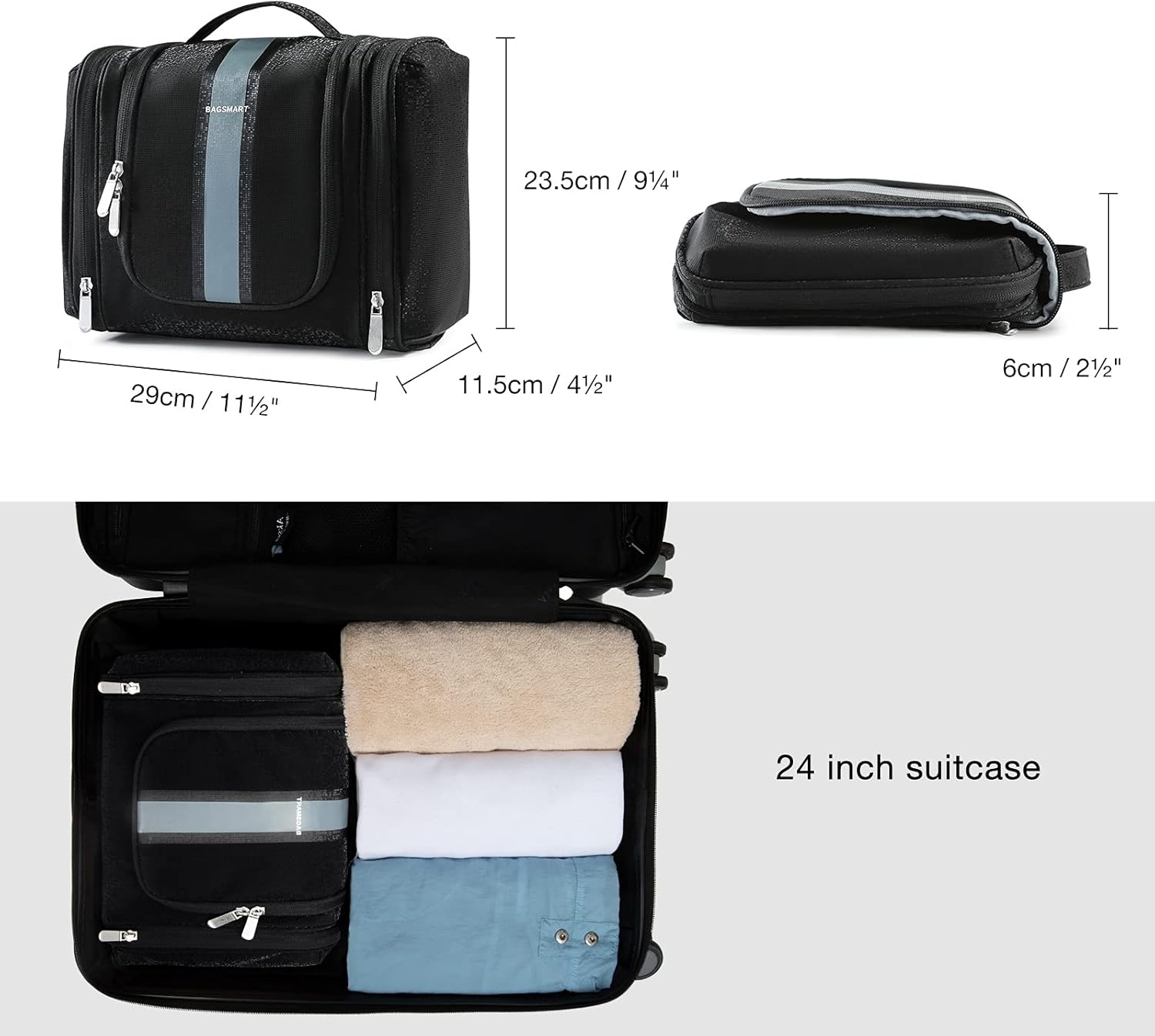 BAGSMART Toiletry Bag for Women, Travel Toiletry Organizer with Hanging Hook, Water-Resistant Cosmetic Makeup Bag Travel Organizer for Shampoo, Full Sized Container, Toiletries, Black, Medium, image number 5