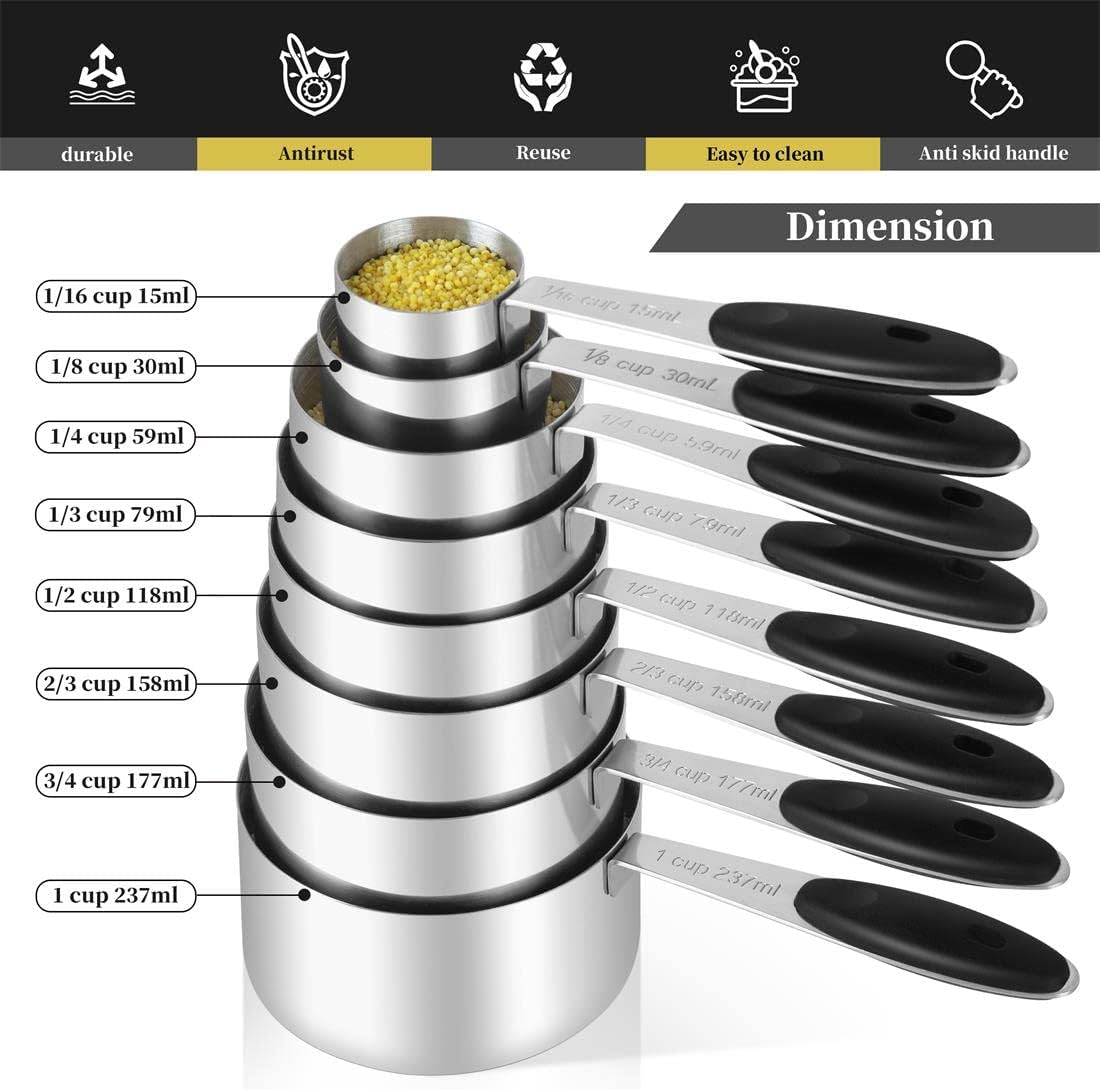 KELOFKO 16 Pieces Measuring Cups and Magnetic Measuring Spoons Set Stainless Steel, 8 Measure Cups with Silicone Handle and 7 Double Sided Magnetic Measure Spoons & 1 Leveler, Measuring Cup Set
