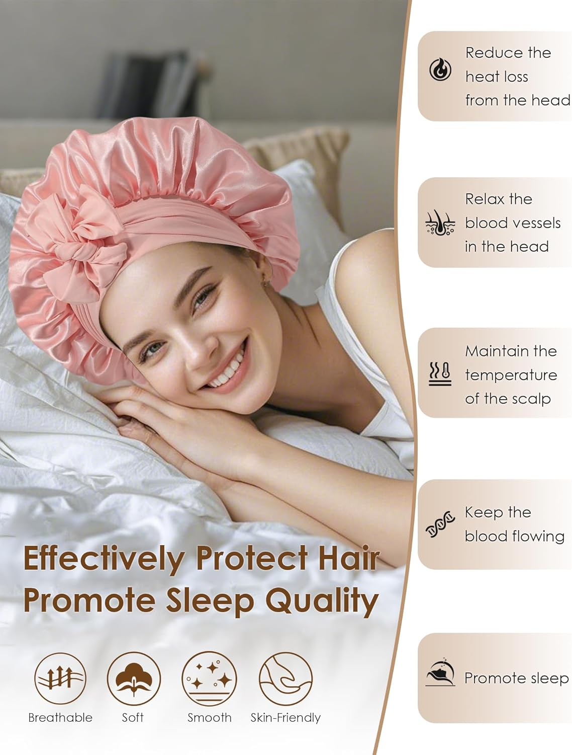 HAYAHARU 2 Pcs Silk Bonnet for Sleeping, Women Satin Bonnet, Silk Sleep Cap Double Layer Hair Hat with Tie Band, Elastic Wide Band Sleep Cap for Natural Curly Braids Hair - Khaki/Navy Blue image number 7