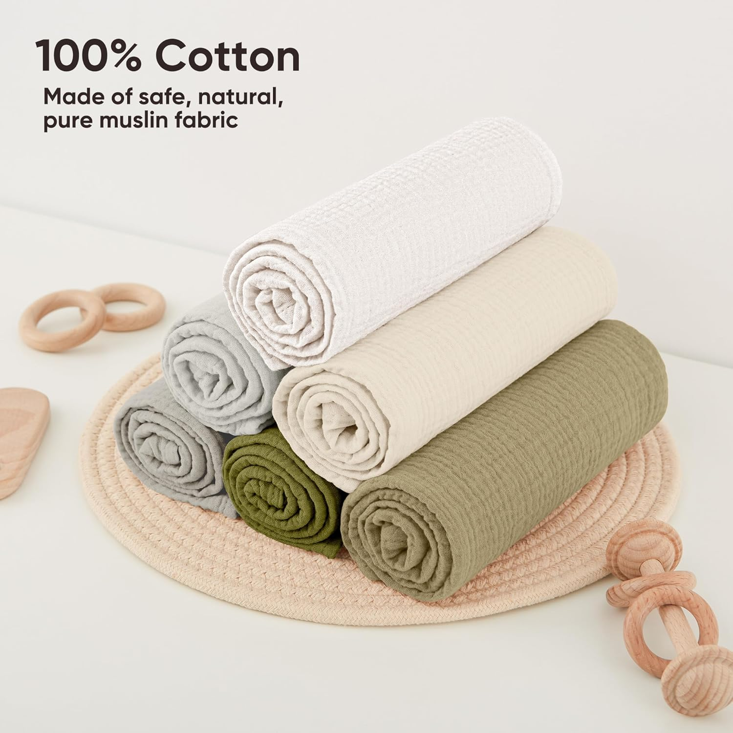 Bearmoss 100% Cotton Muslin Burp Cloths Sets 6 Pack Large Burping Clothes Extra Soft Absorbent 60X60Cm for Newborn Unisex Baby Girls and Boys (Gray Green) image number 2