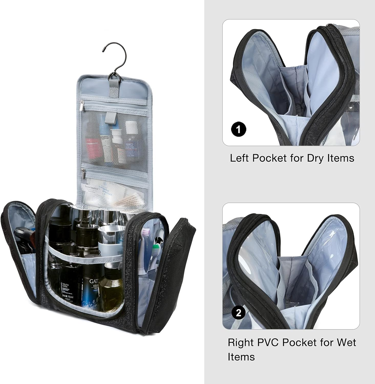 BAGSMART Toiletry Bag for Women, Travel Toiletry Organizer with Hanging Hook, Water-Resistant Cosmetic Makeup Bag Travel Organizer for Shampoo, Full Sized Container, Toiletries, Black, Medium,