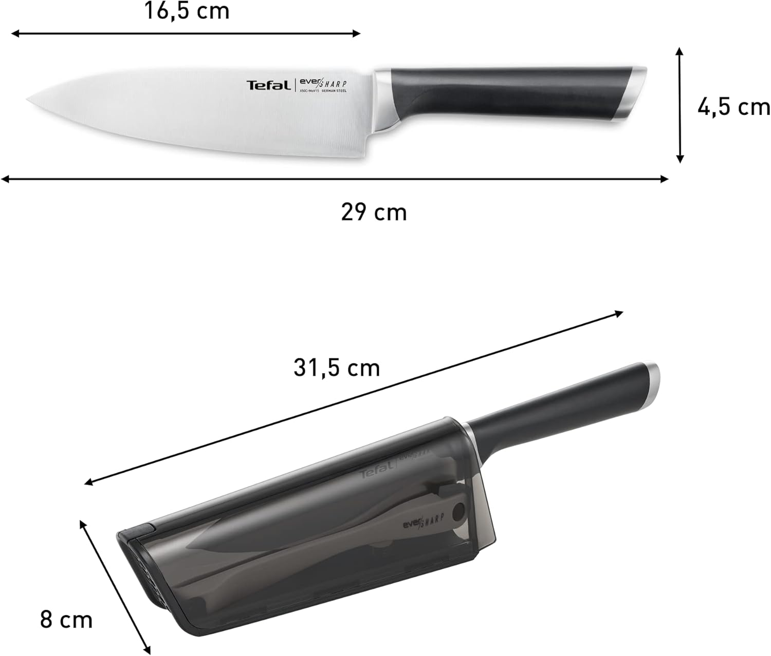 Tefal Chef Knife 16.5 Cm, Built-In Sharpener, Safe Technology, German Stainless Steel, Versatile Kitchen Knife, Ever Sharp Black Edition K2579104