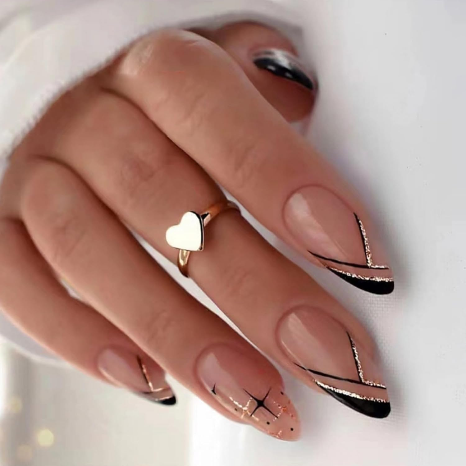 Press on Nails 24Pcs Acrylic French Full Cover False Nails Light Color Almond Fake Nail Women Girls Daily Decoration Nail Extension Easy DIY Black Line