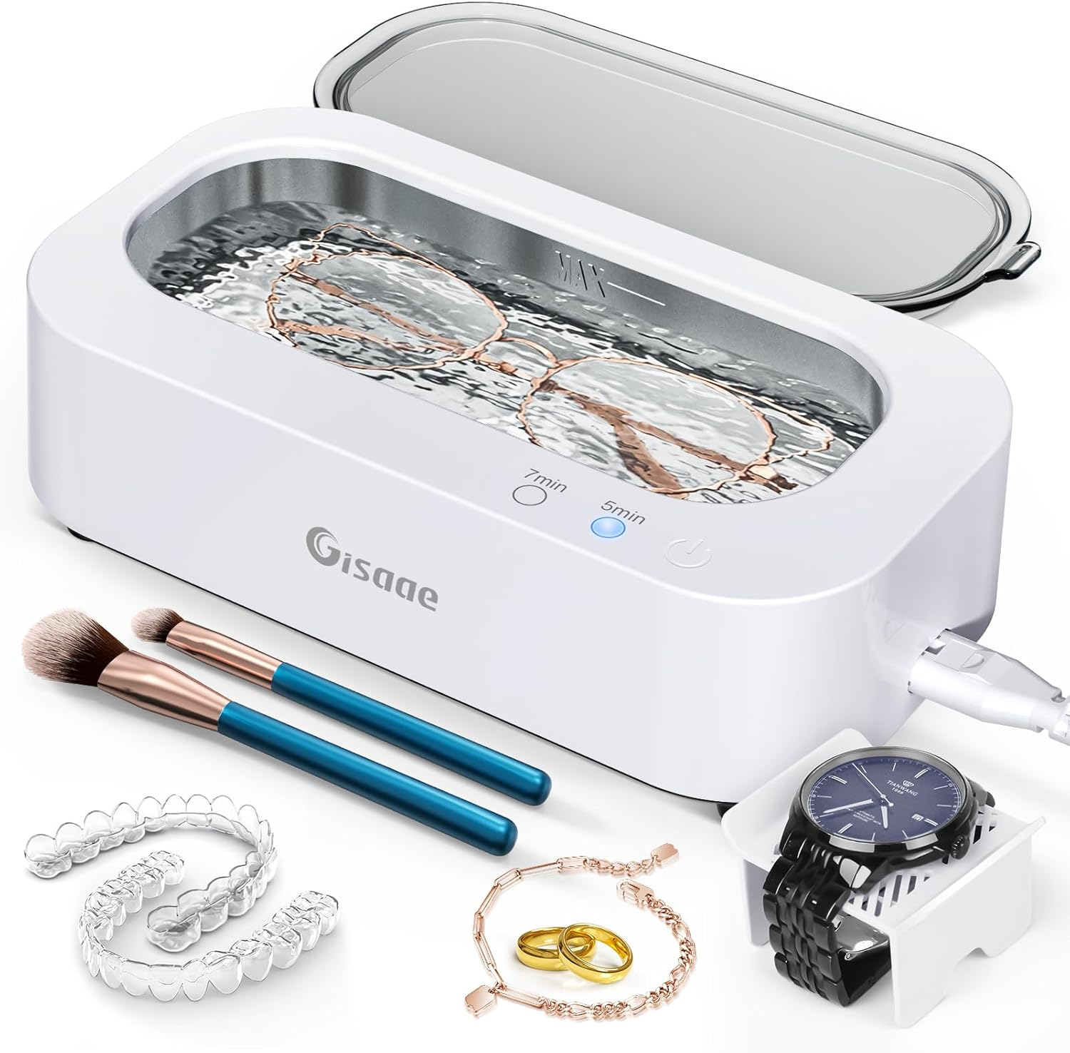 Gisaae Ultrasonic Jewelry Cleaner, 11.8Oz(350Ml) Portable Ultrasonic Cleaner with 2 Modes, 48Khz Jewelry Cleaner Ultrasonic Machine for Glasses, Ring, Watch Band, Retainer, Dentures, Coin, Razor image number 4