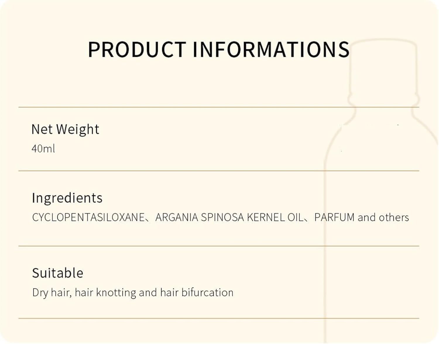 Tiaobug Moroccan Argan Hair Oil 40ML for Women Men Lightweight Non Greasy Nourishing Formula Repairs Dry Damaged Hair Long Lasting Hydration Beige One Size image number 3