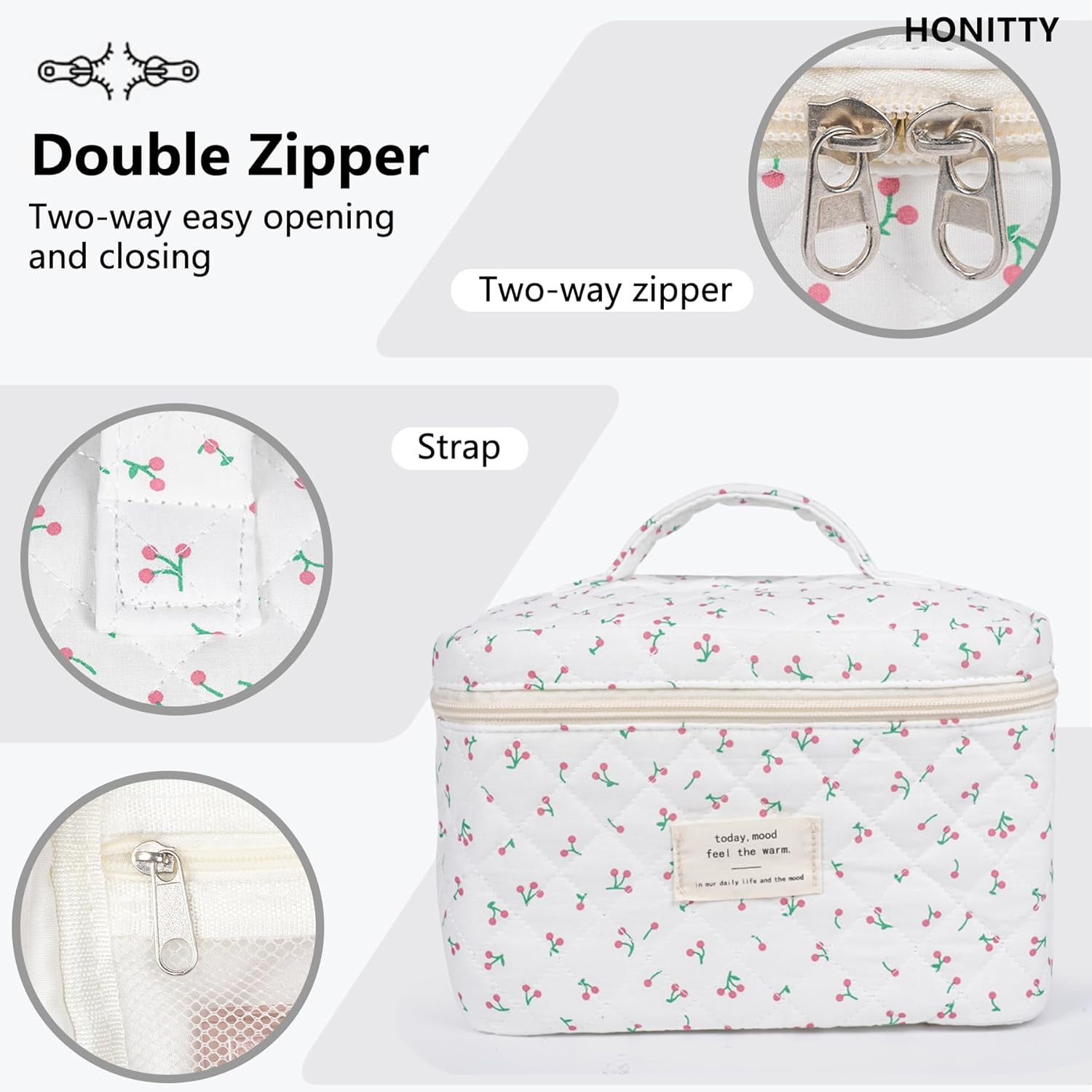 Makeup Bag, Quilted Makeup Bag,Large Floral Cosmetic Bag for Women,Cotton Makeup Bag Set,Flower Travel Toiletry Bag., Cherry, 3PCS - 1Pcs-Blue image number 6